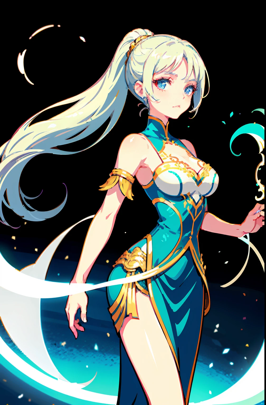 offcial art,品质最佳,finedetail,close-up all over the body,A beautiful white girl,Costumes for fantasy worlds,wearing a white skirt,Long white hair shawl,hair flowing,Very long ponytail,Manners are elegant,With a faint sad expression on his face,Floating in the air,Perfect figure。