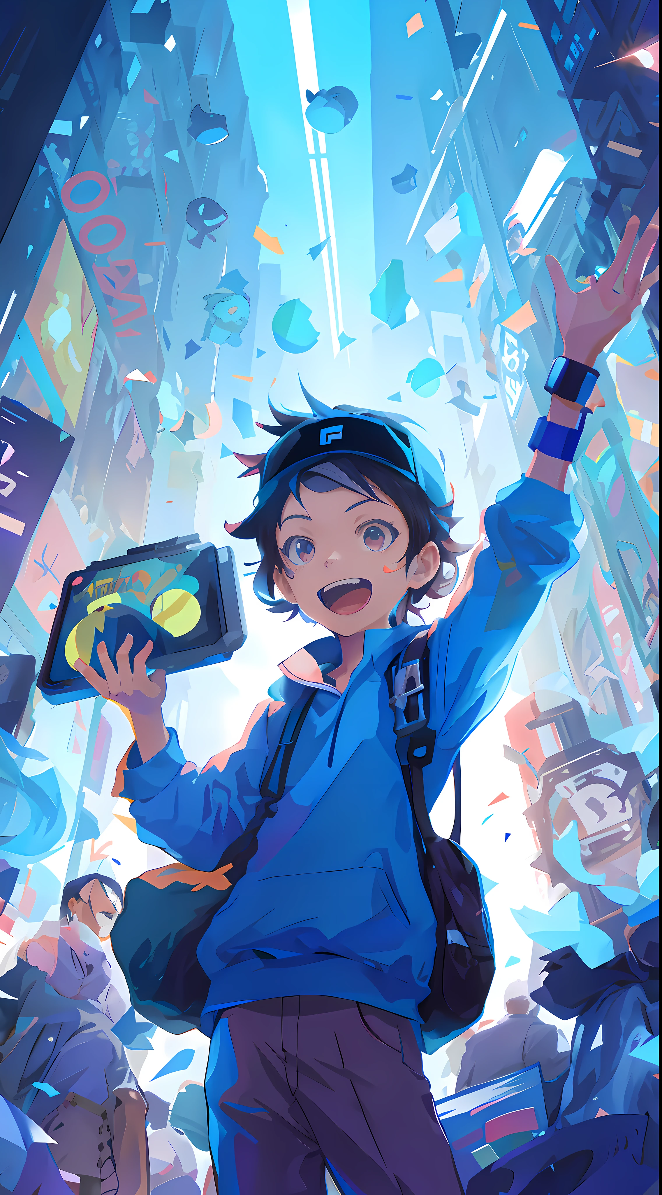 Anime boy holding up cell phone in crowded city, 2 d anime style, hero 2 d fanart artsation, Official artwork, Safebooru anime image, digimon key art, offcial art, 2d art cover, high detailed official artwork, digimon anime key art, 2D game fanart, nintendo game art, Official anime artwork, in the style of sachin teng