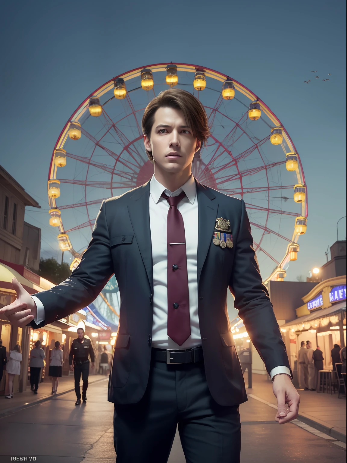 (masterwork) high qulity, Thriller Resident Evil, 32K resolution, Male clergy doctor and wounded police officer, Amusement park Ferris wheel zombie refuge, Dynamic pose, Super charming.