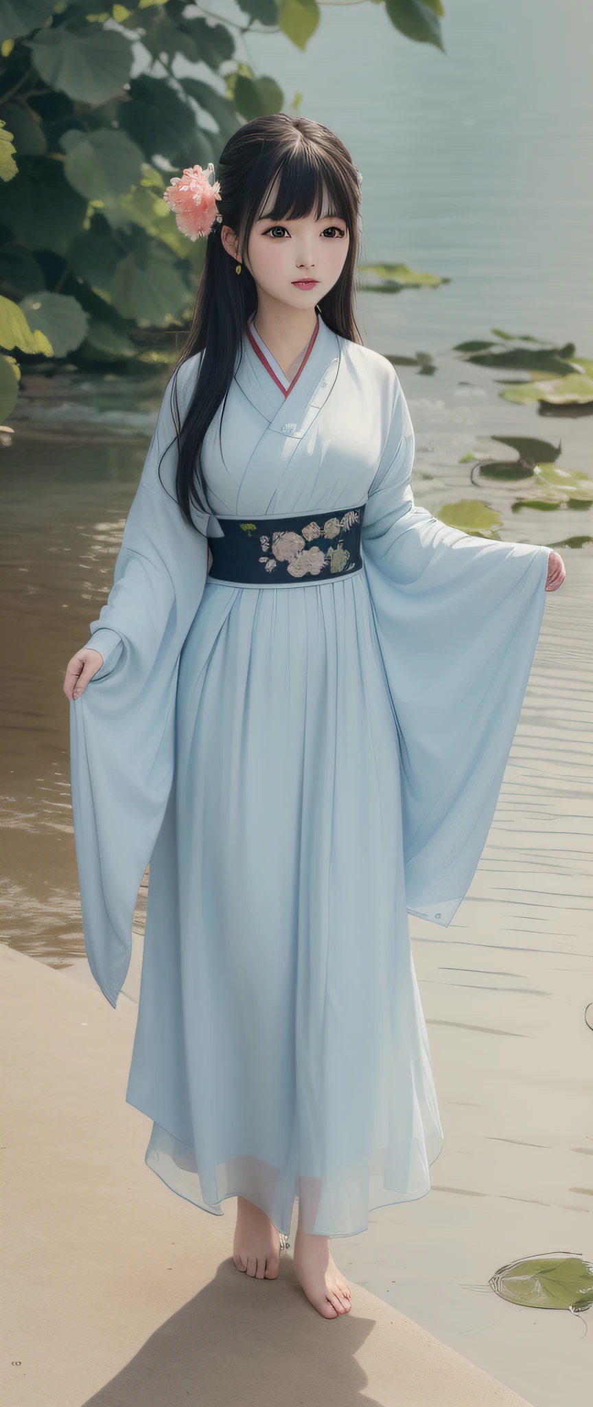 ((8k,masterpiece,best quality)), shuimobysim, Traditional chinese painting, lotuses, Hanfu, maxiskit, Dress open 1girl, solo, cabelos preto e longos, ssmile, standing on your feet, Feet in the water, The barefoot,flowy,
