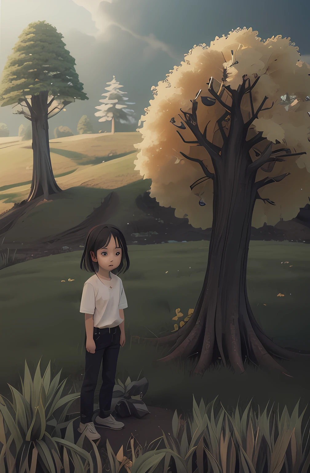 Draw a little girl standing in a field, with a tall tree, anime lush john 8k woods, inspirado em Goro Fujita, drawn in anime painter studio, standing in forest, made with anime painter studio, Guviz-style artwork, standing on a forest, anime styled 3d, anime film still