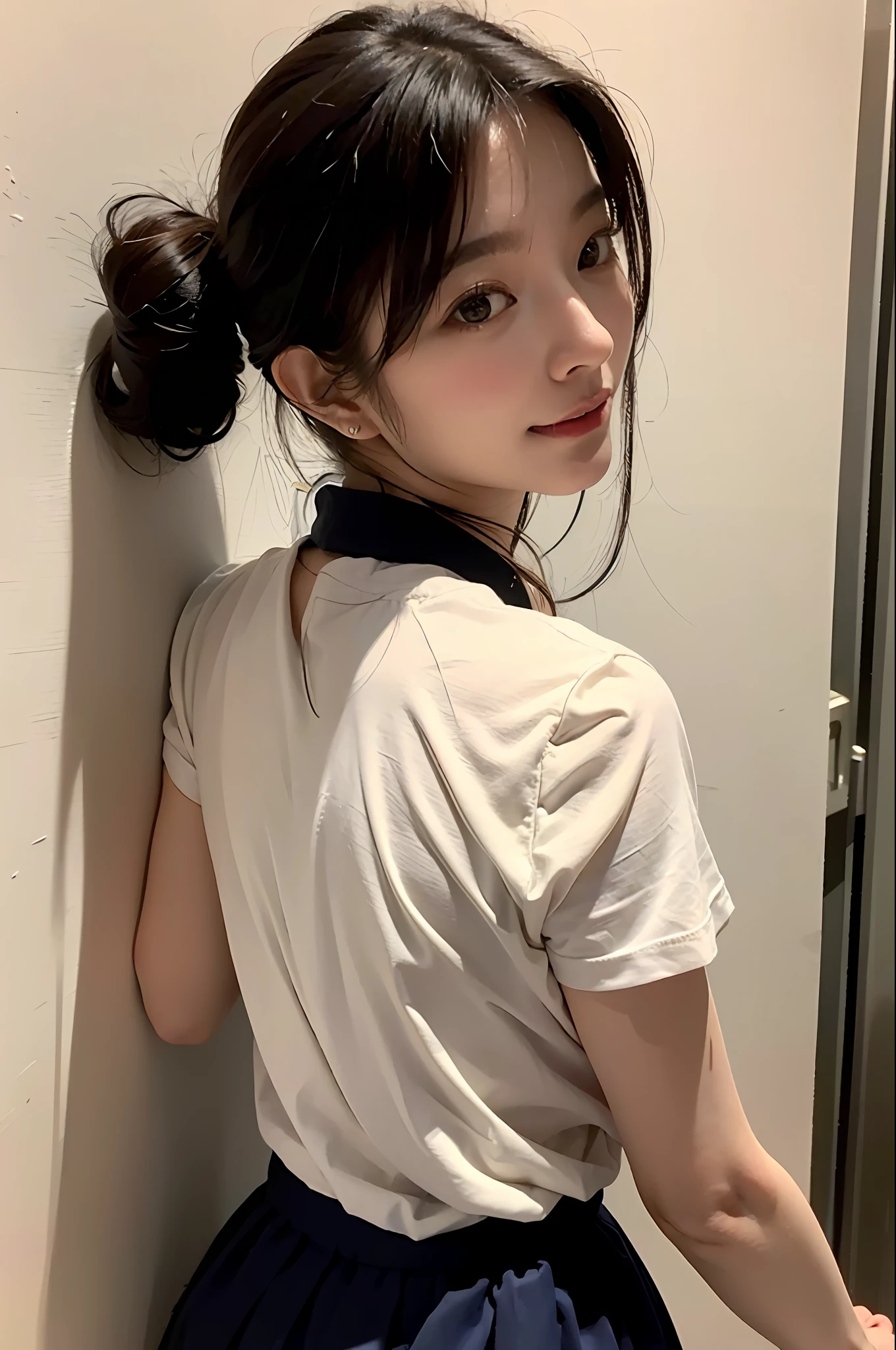 ((masterpiece), (top-quality), 超A high resolution, (Raw photo:1.2), (Photorealsitic:1.4), Exceptional detail, dramatic lighting, hight resolution, 8K, absurderes,
Yurisa, 1girl in, The artists_name, bangss, Black_hair, brown_Eyes, brown_hair, greys_Background, jaket, jewely, s lips, long_hair, up looking_で_viewer, a necklace, nase, Open_Clothes, parted_Lips, realisitic, Red_Lips, The shirt, A smile, 独奏, tusk, The upper part of the body_Body, White T-shirt, Camel Color Skirt, Leaning against the wall of her back,
