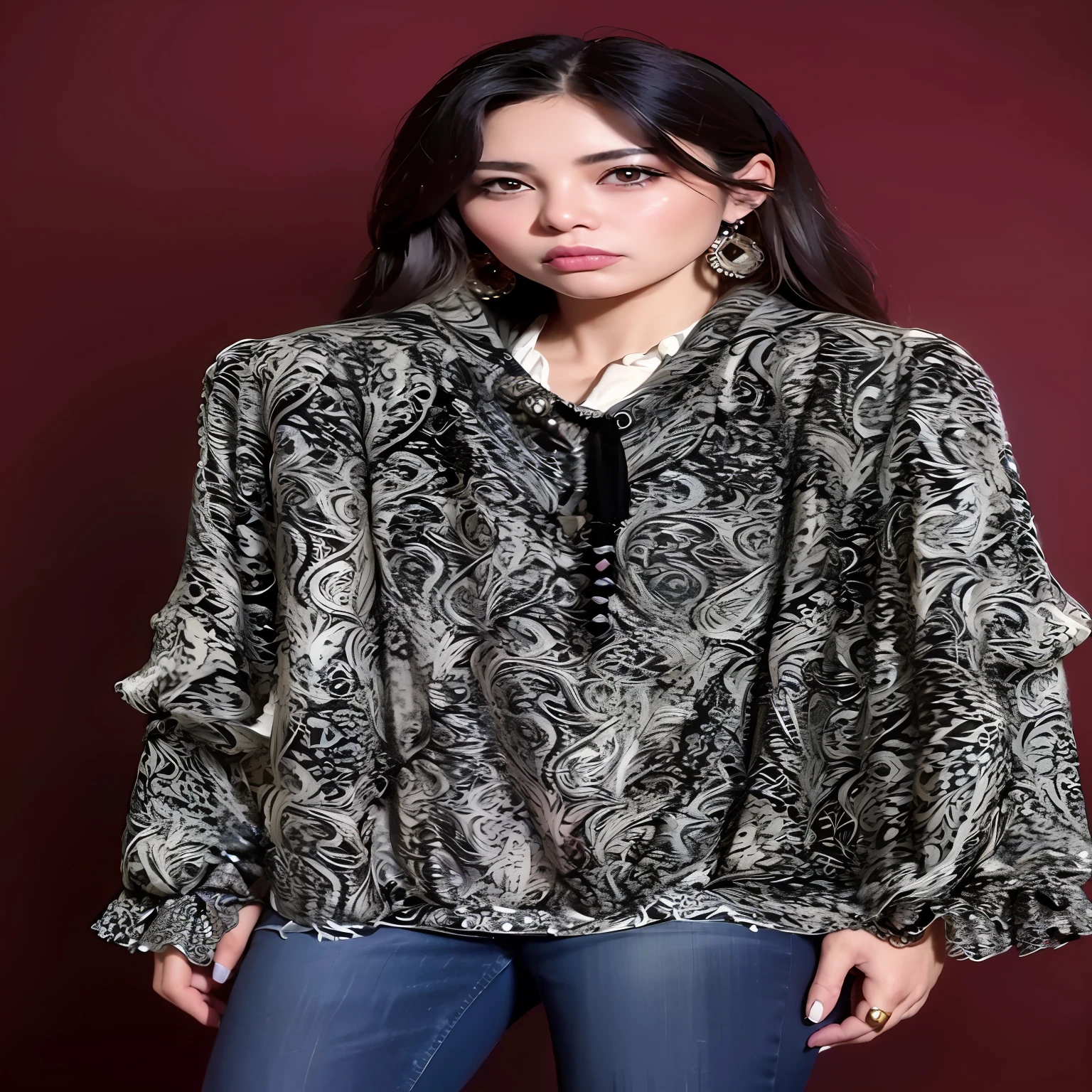 A woman in a black and white jacket and jeans, paisley, Gorgeous poncho, Wearing a luxurious silk cloak, ornate flowing robes, ornate frilly regal shirt, hodie mihi cras tibi, 2 0 2 0 fashion, wearing ornate silk clothes, Gorgeous cape, detailed gothic cloak, black and red silk clothing, 1 9 2 0 cloth style