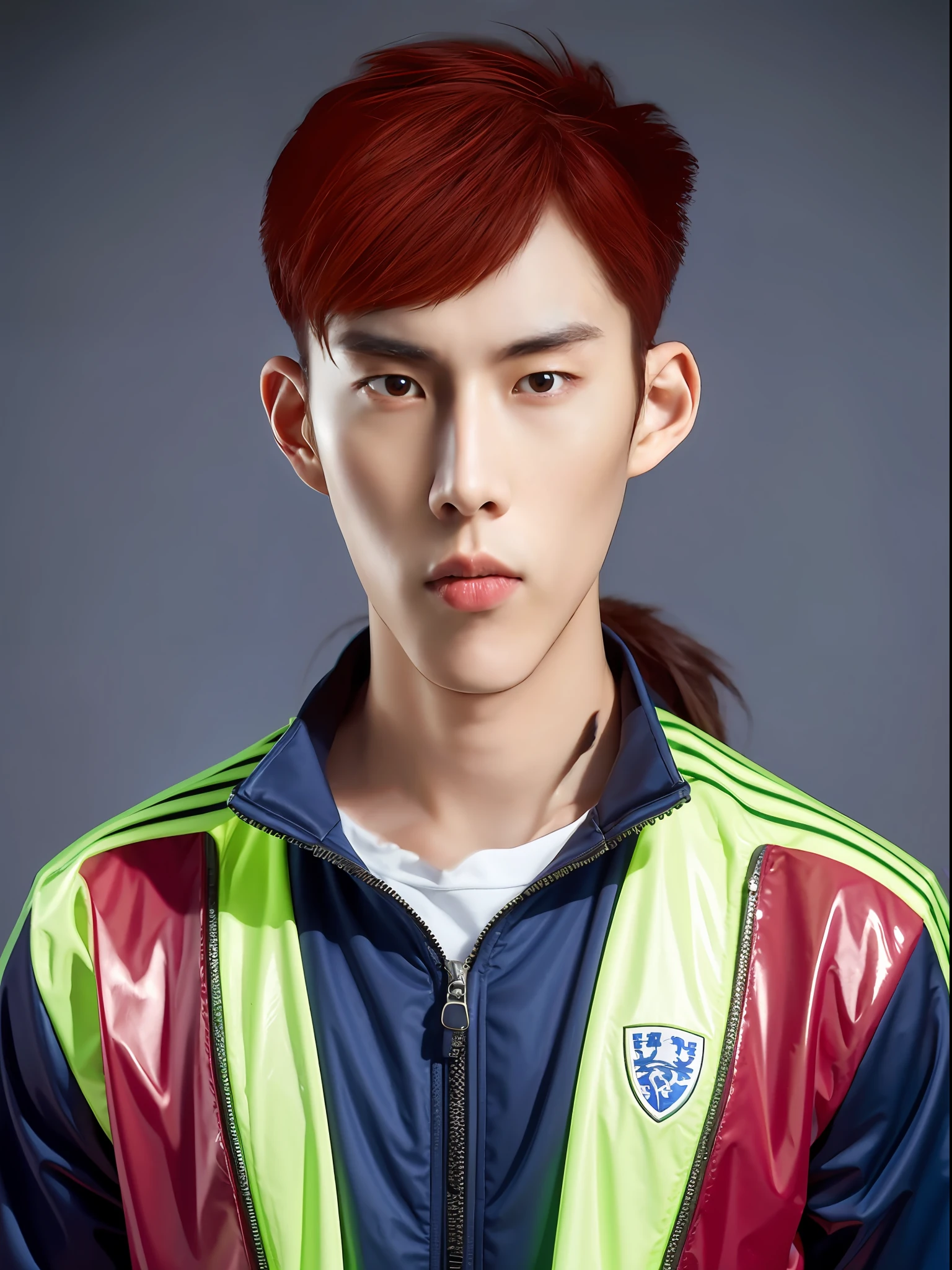 Chinese male high school student,Wearing PVC light blue tracksuit