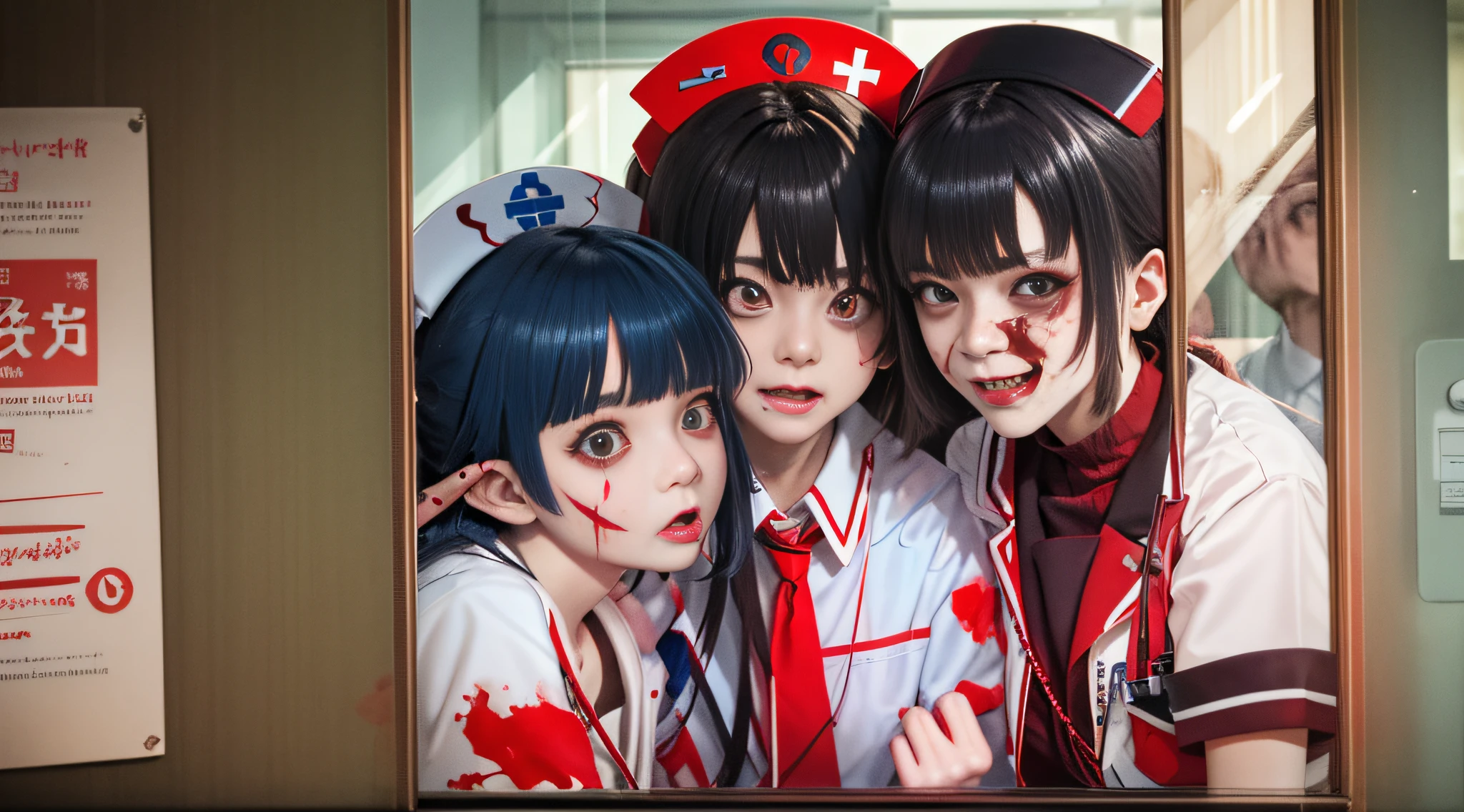 A group of anime girls turned zombies outside the hospital window with black hair，Open-mouthed，fang，Blood，terroral，3girl，Wearing a nurse's uniform with blood，Wear it with black stockings on the lower body，In a relatively empty place，The overall tone is dark，It's full of murderous intent