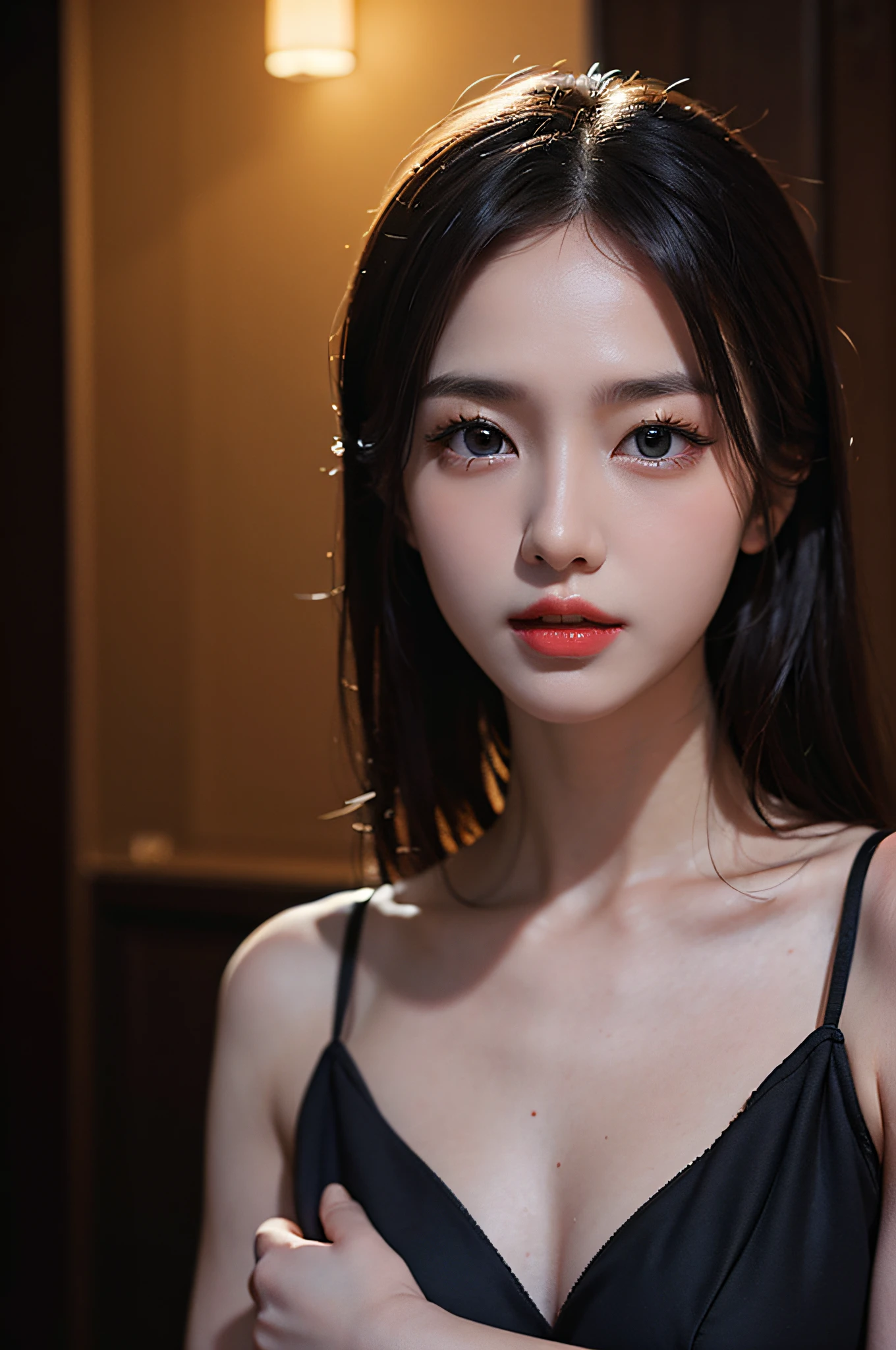 (Hyperrealistic,)4K,35mm,hyper-high detail, Professional lighting, Best quality, Ultra-high resolution, Visually stunning, (1girll:1.3), National style(Black cheongsam),realskin,(Perfect body 1.3)Ultra-delicate face。