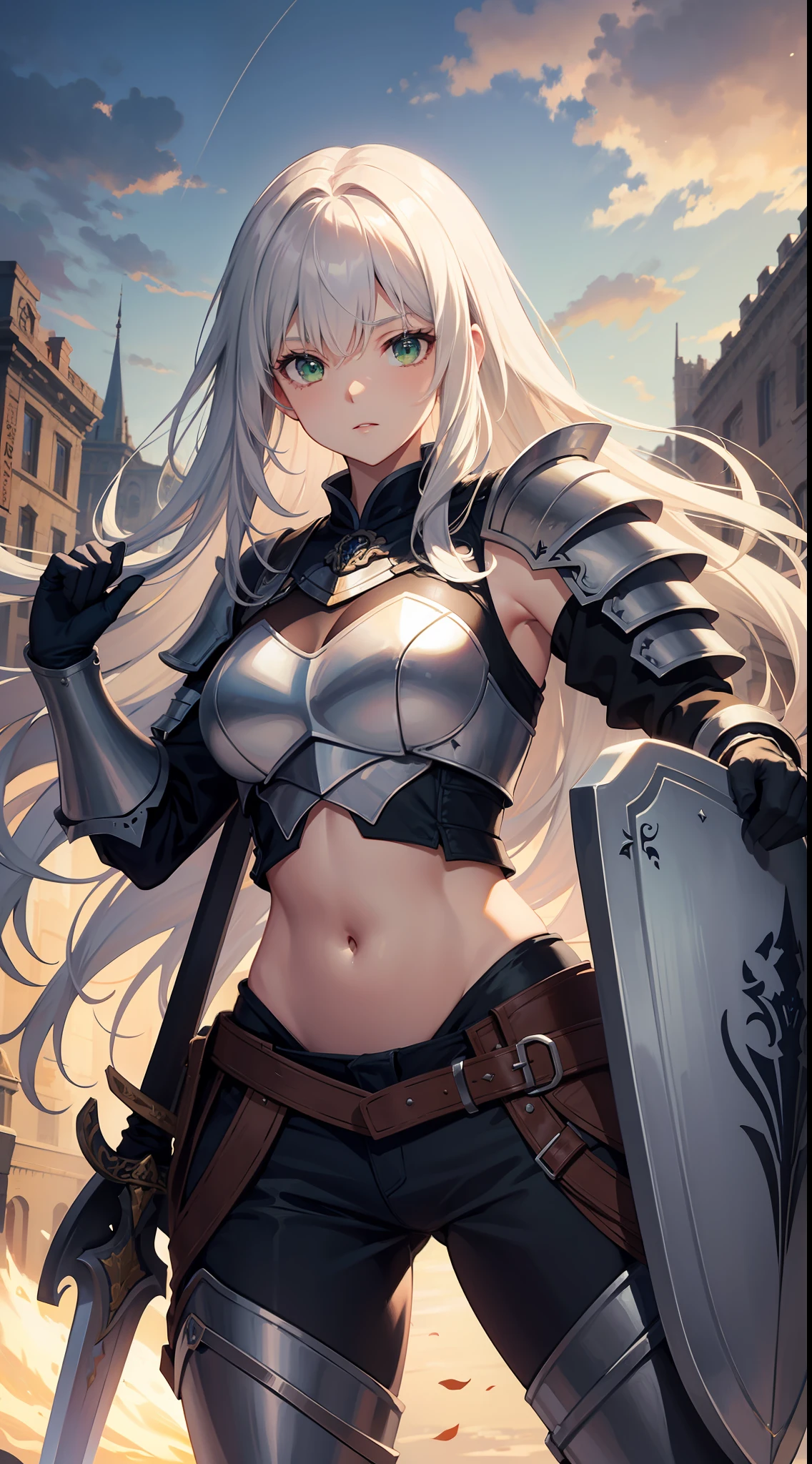 Tall girl, Long white hair, Green eyes, knight armor, Sleeveless, open belly, Sword and Shield, combat stance, Masterpiece, hiquality