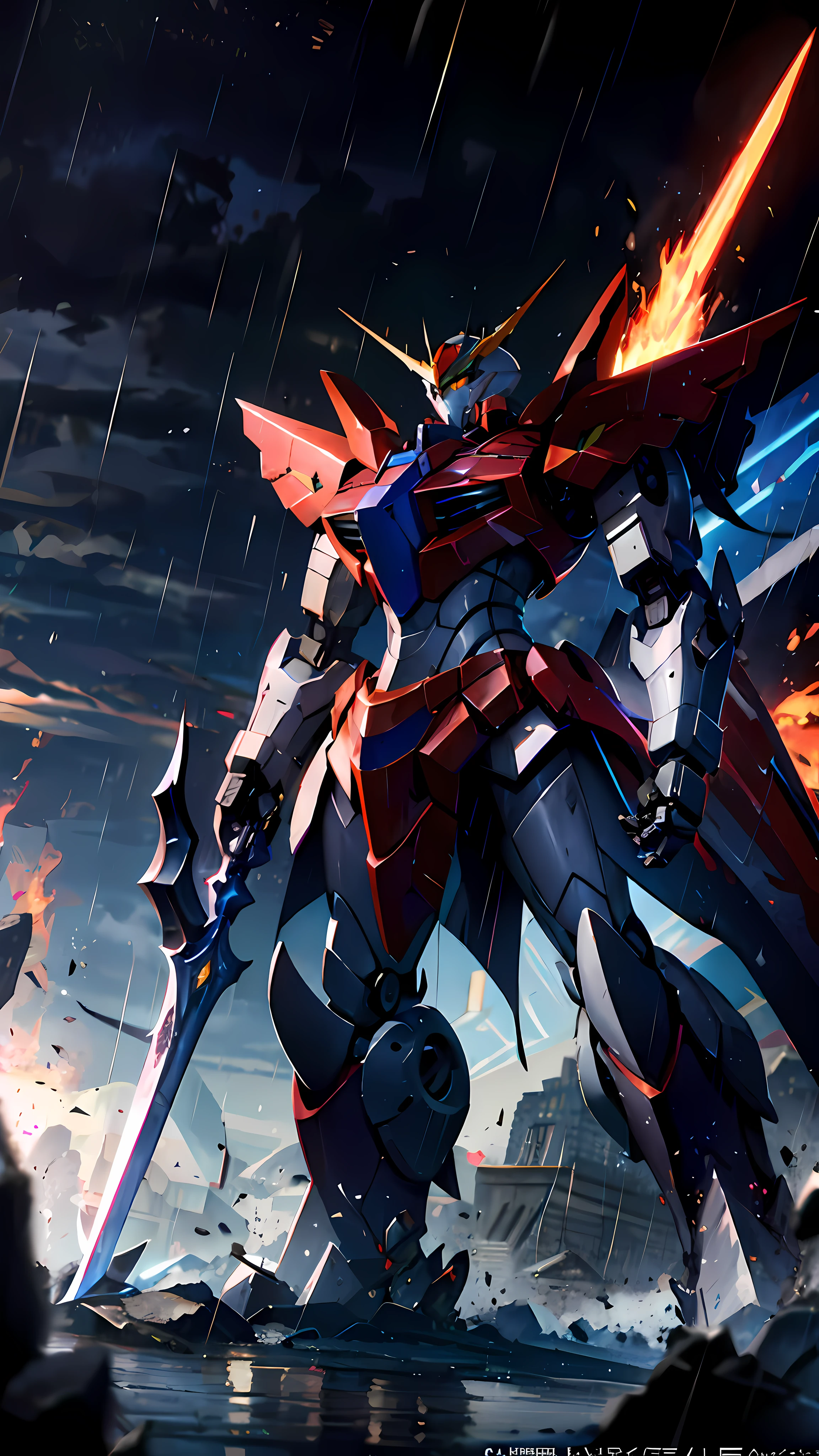 a close up of a robot with a sword in the rain, cool mecha style, mecha art, anime mecha aesthetic, mecha asthetic, armored core style mecha, well armored mech dragon, detailed anime artwork, barbatos mobile suit, detailed anime art, advanced digital anime art, mecha anime, mecha inspired, barbatos gundam