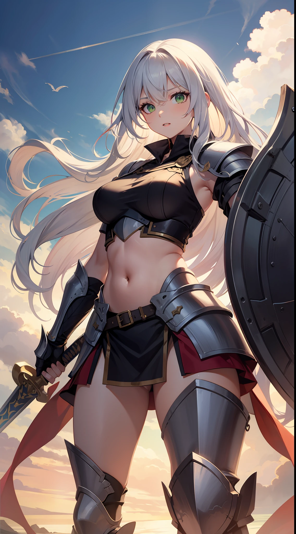 Tall girl, Long white hair, Green eyes, knight armor, Sleeveless, open belly, Sword and Shield, combat stance, Masterpiece, hiquality