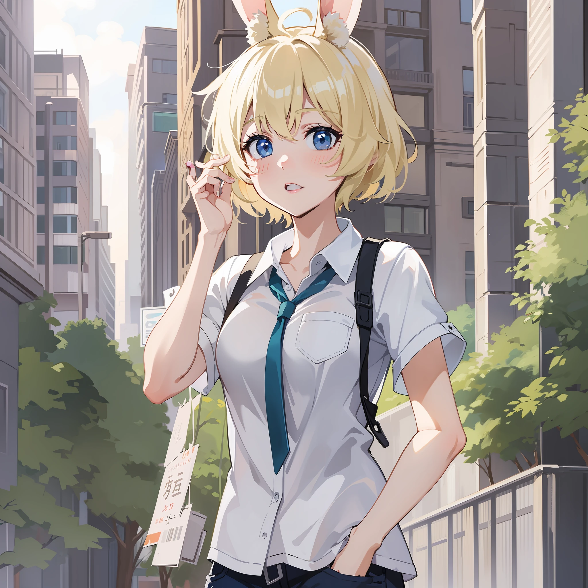 Become a woman。Female with rabbit ears。Blonde short-haired woman。Wearing a white polo shirt and dark blue pants、I'm in a building street。It is an anime-style illustration。Beautiful with the best image quality。