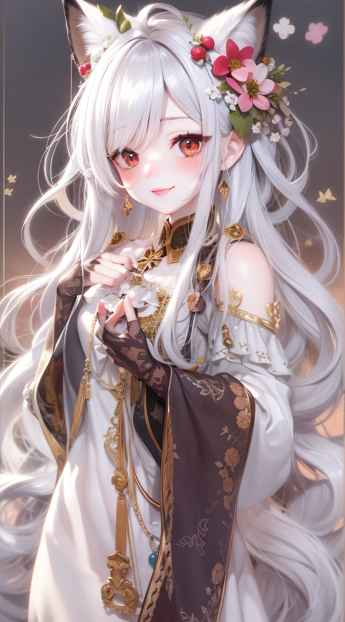 white hair, very long hair, sidelocks, hair flower, clover hair ornament, forehead mark, color contact lenses, longeyelashes, fox ears, light smile, blush, licking lips, nose blush, light blush, red lips, character chart, masterpiece, super detail, high details