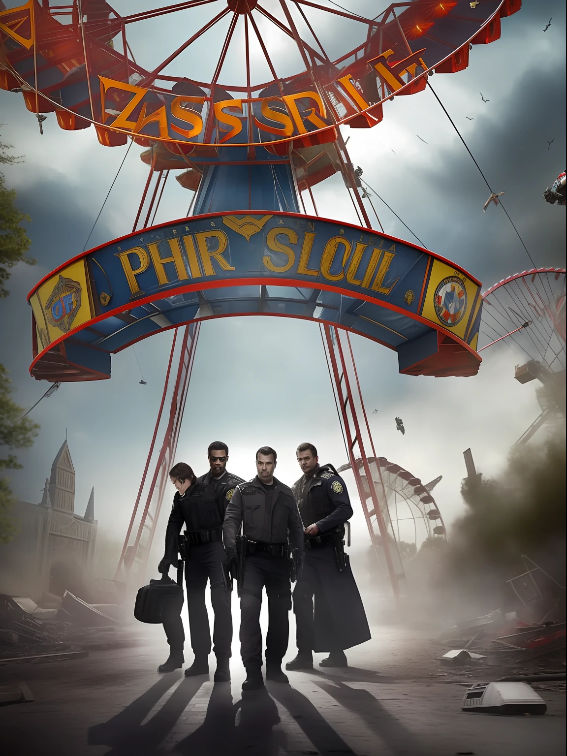 (masterwork) Very high quality, Full body shot, Super detailed shooting, Resident Evil setting, Male clergy, Medical staff and injured male police officers, The trio dodged zombies by the Ferris wheel of a destroyed amusement park, 32K resolution, Best quality, Dynamic pose, actionpose, Surreal and charming.