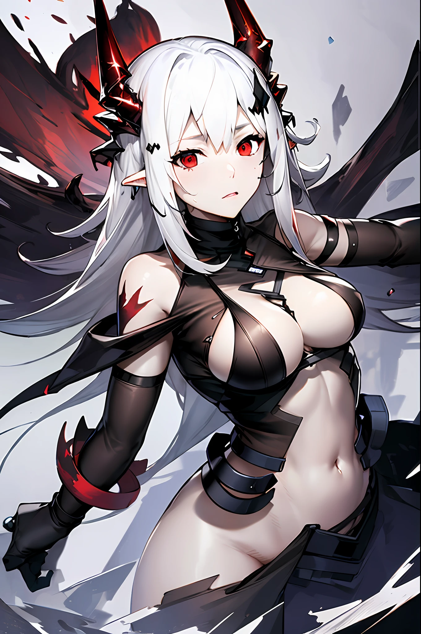 (Dynamic angle, upper body,Battlefield, artillery fire, ruins, ashes, lightning effects and Flame particle effect,artistic effect:1.2),(floating and spread hair:1.2), (detailed and delicate and flexible eyes),(1girl,solo,arm, oripathy lesion (arknights),splash ink,angry.open_mouth,shout,white hair,red eyes, hair ornament, pointy ears,oripathy lesion (arknights), infection monitor (arknights),black horns,Clothes are damaged,Injuries, abrasions:1.2),mudrock (arknights), (corrpution,cowboyshot:1.15), kda, fov,f/1.8, side lighting, sunlight on people (masterpiece, best quality, Ultra Detail, wallpaper, detailed shiny skin, flawless, 8k, RAW, highres,absurdres,:1.3), (detailed super oily shiny skin:1.1),[wet:0.8|mucus], colorful, power scene,(imid shot:0.95),
