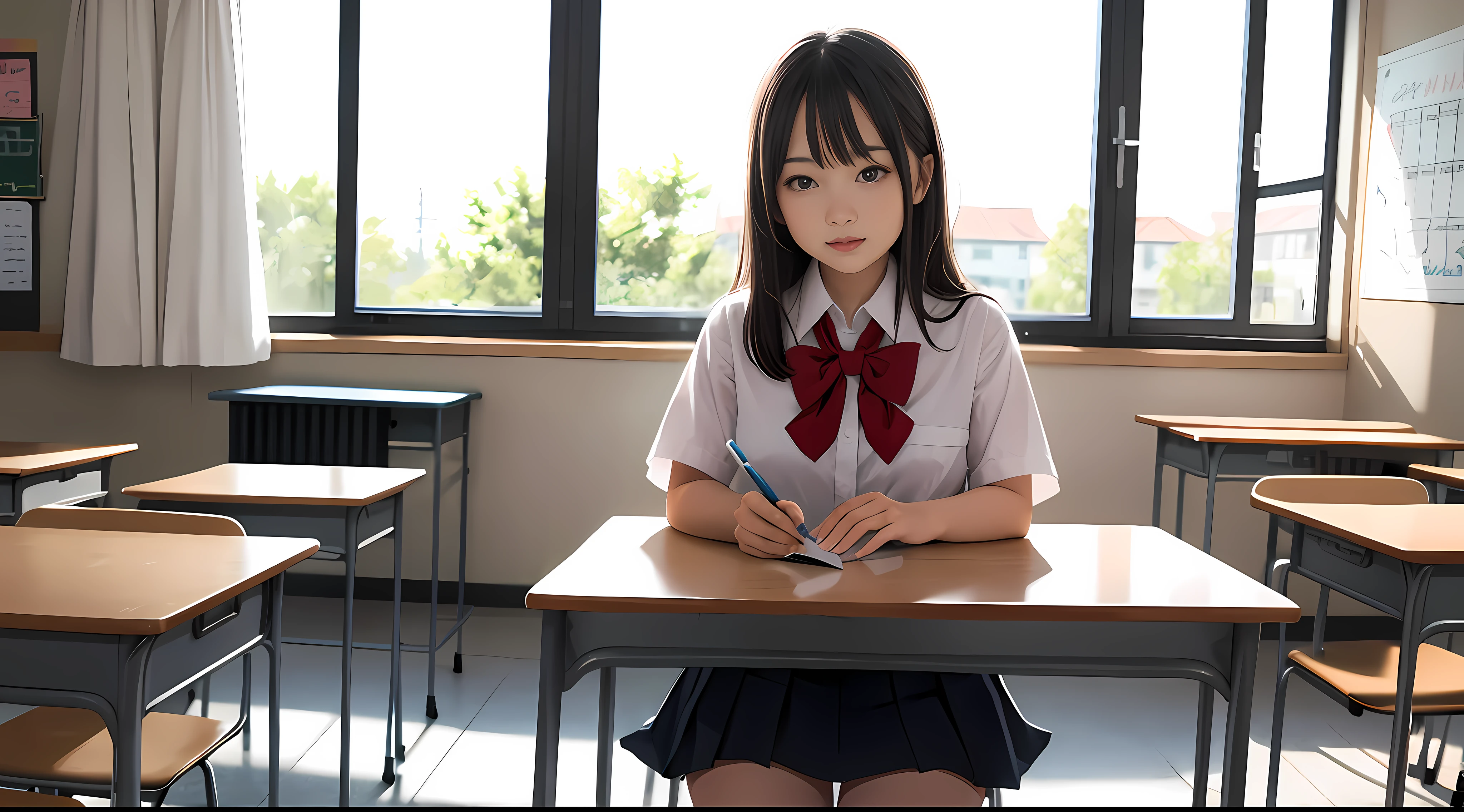 (Best Quality, ultra-detailliert, Illustration, masutepiece),
Classroom,drapes, Stockings, 1girl in,School uniform, school skirt,Open legs,show pantie