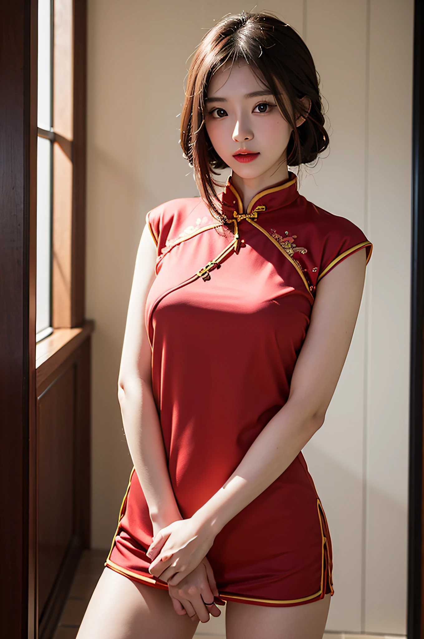 （Hyperrealistic,）4K,35mm，hyper-high detail, Professional lighting, Best quality, Ultra-high resolution, Visually stunning, (1girll:1.3), National style （on cheongsam）,realskin,（Perfect body 1.3）Ultra-delicate face。