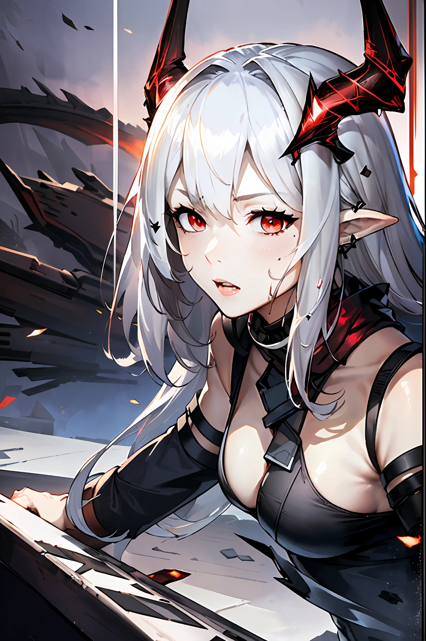 (Dynamic angle, upper body,Battlefield, artillery fire, ruins, ashes, lightning effects and Flame particle effect,artistic effect:1.2),(floating and spread hair:1.2), (detailed and delicate and flexible eyes),(1girl,solo,arm, oripathy lesion (arknights),splash ink,angry.open_mouth,shout,white hair,red eyes, hair ornament, pointy ears,oripathy lesion (arknights), infection monitor (arknights),black horns,Clothes are damaged,Injuries, abrasions:1.2),mudrock (arknights), (corrpution,cowboyshot:1.15), kda, fov,f/1.8, side lighting, sunlight on people (masterpiece, best quality, Ultra Detail, wallpaper, detailed shiny skin, flawless, 8k, RAW, highres,absurdres,:1.3), (detailed super oily shiny skin:1.1),[wet:0.8|mucus], colorful, power scene,(imid shot:0.95),