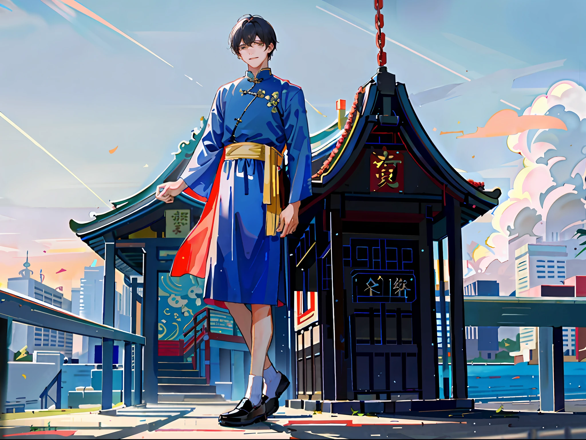 A young man of twenty years old, Wearing a blue cheongsam, standing on a playground,The expression is shy, In the daytime, in a panoramic view。