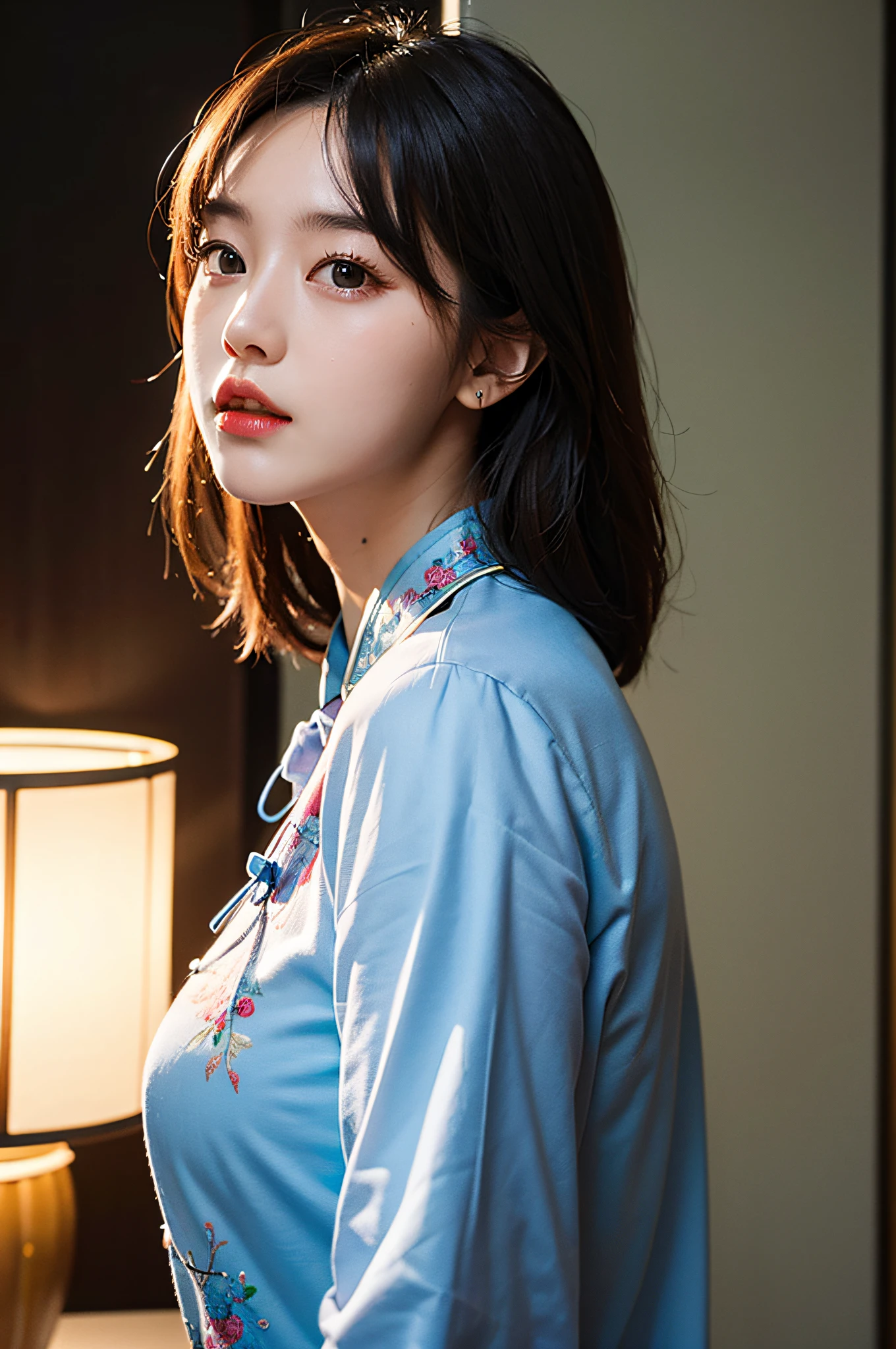 (Hyperrealistic,)4K,35mm,hyper-high detail, Professional lighting, Best quality, Ultra-high resolution, Visually stunning, (1girll:1.3), National style (on cheongsam),realskin,(Perfect body 1.3)Ultra-delicate face。