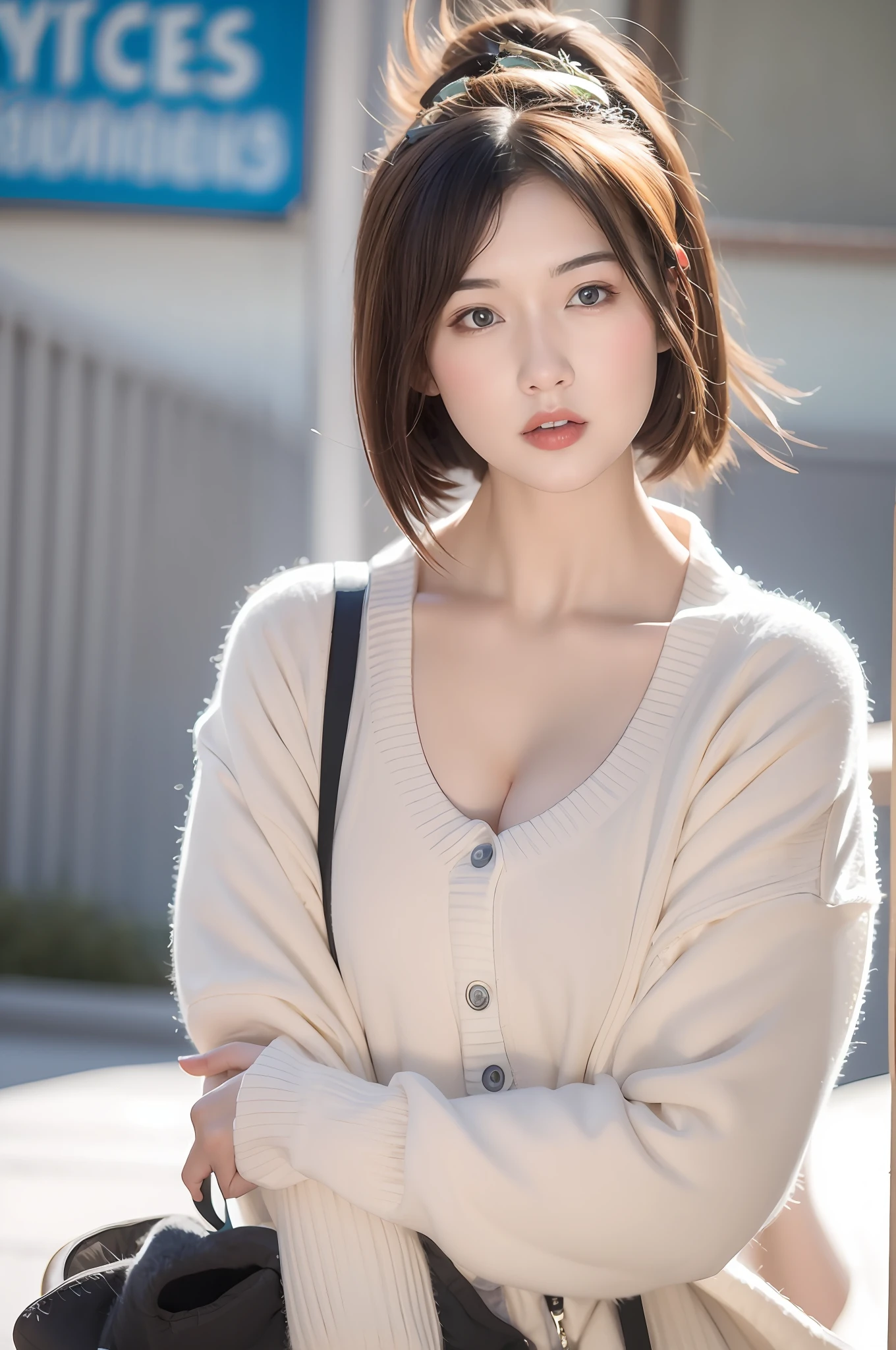 Incomparable masterpiece, perfect artwork, ((perfect female figure)), short hair, blonde hair, thin, realism, solo, (realism: 1.4), best quality, super high resolution, 1girl, porcelain, kpop ido, full body, gray cardigan, (C cup), beautiful, masterpiece, best quality, very detailed face, perfect lighting, solo, plain makeup, best quality, super high resolution, (realistic:1.4), super detailed, masterpiece, best quality, 👍 ulzzang -6500-v1.1