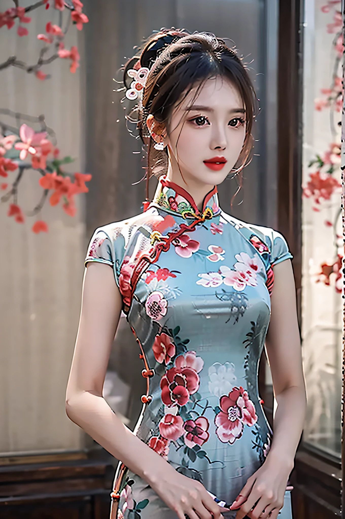 （Hyperrealistic,）4K,35mm，hyper-high detail, Professional lighting, Best quality, Ultra-high resolution, Visually stunning, (1girll:1.3), National style （on cheongsam）,realskin,（Perfect body 1.3）Ultra-delicate face。