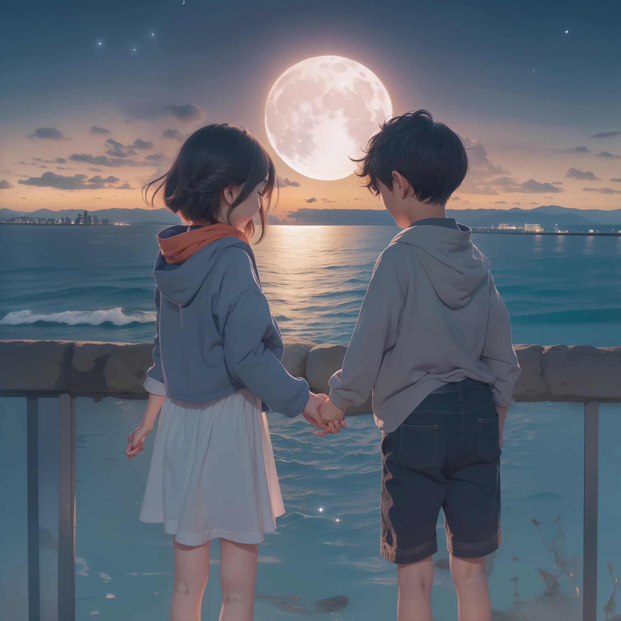 Boy and girl staring at the night sky、A big moon in the night sky、Surrounded by the seaside and the city、The angle is directly in front and slightly below、Boy and girl holding hands