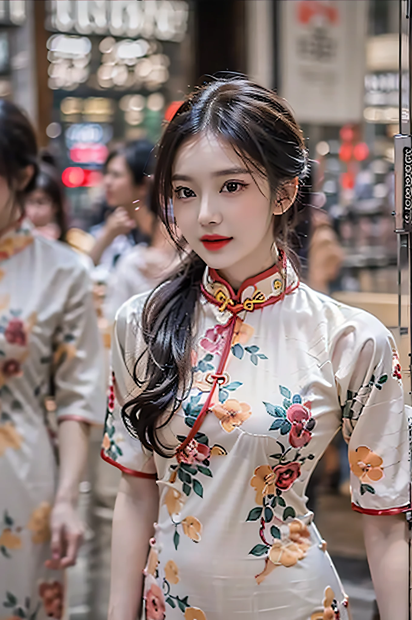 （Hyperrealistic,）4K,35mm，hyper-high detail, Professional lighting, Best quality, Ultra-high resolution, Visually stunning, (1girll:1.3), National style （on cheongsam）,realskin,（Perfect body 1.3）Ultra-delicate face。