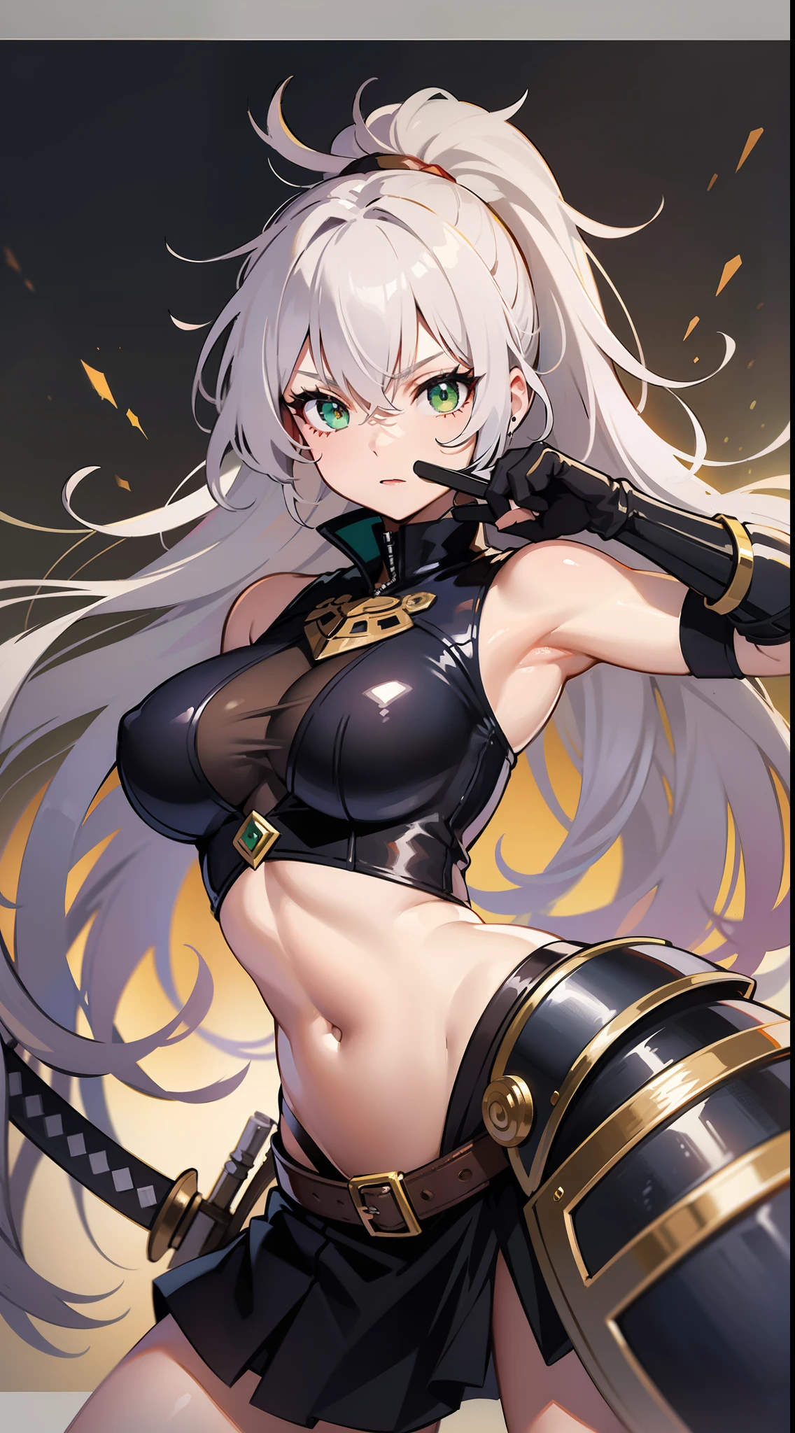 Tall girl, Long white hair, Green eyes, knight armor, Sleeveless, open belly, high ponytail, Sword and Shield, combat stance, Masterpiece, hiquality