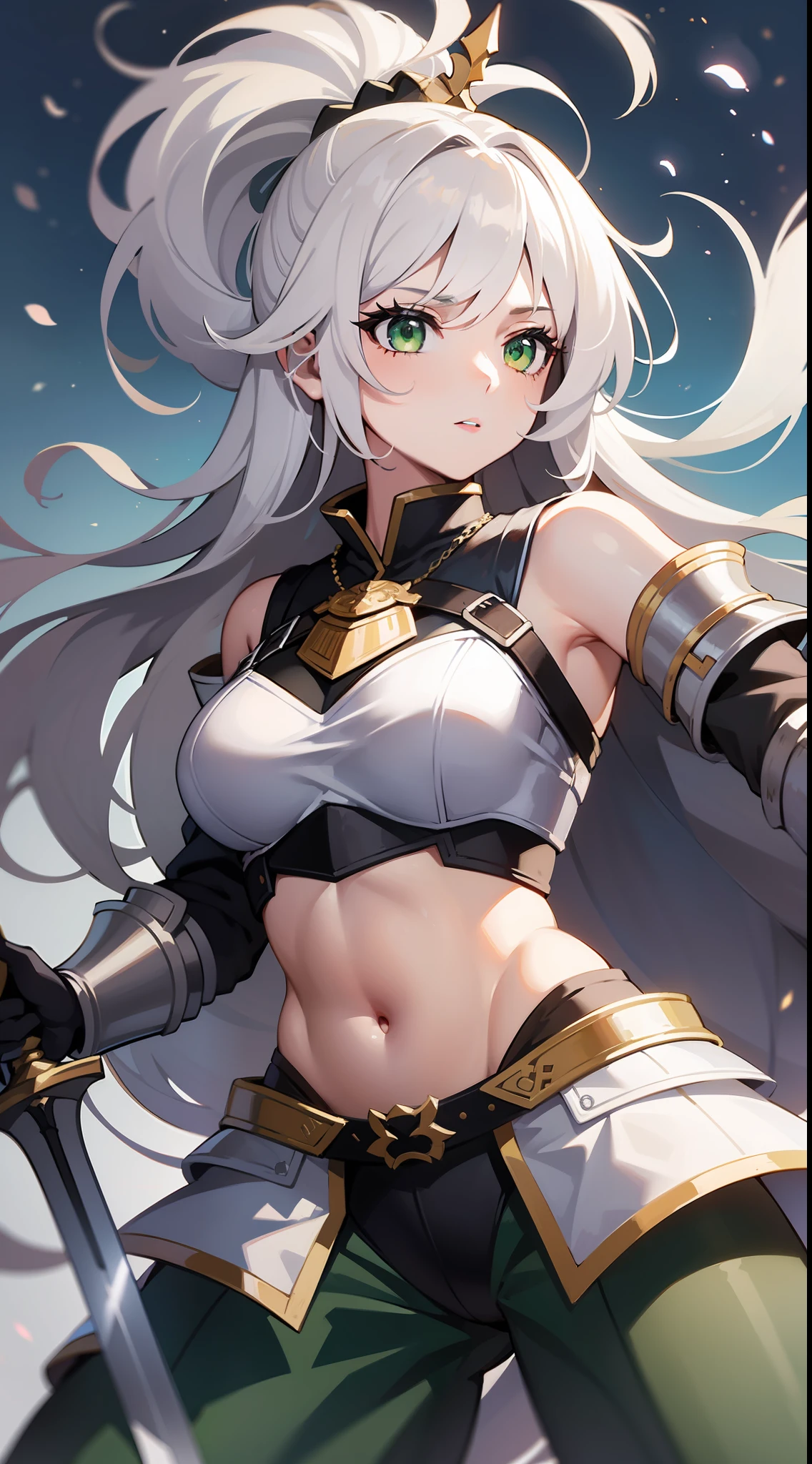 Tall girl, Long white hair, Green eyes, knight armor, Sleeveless, open belly, high ponytail, Sword and Shield, combat stance, Masterpiece, hiquality