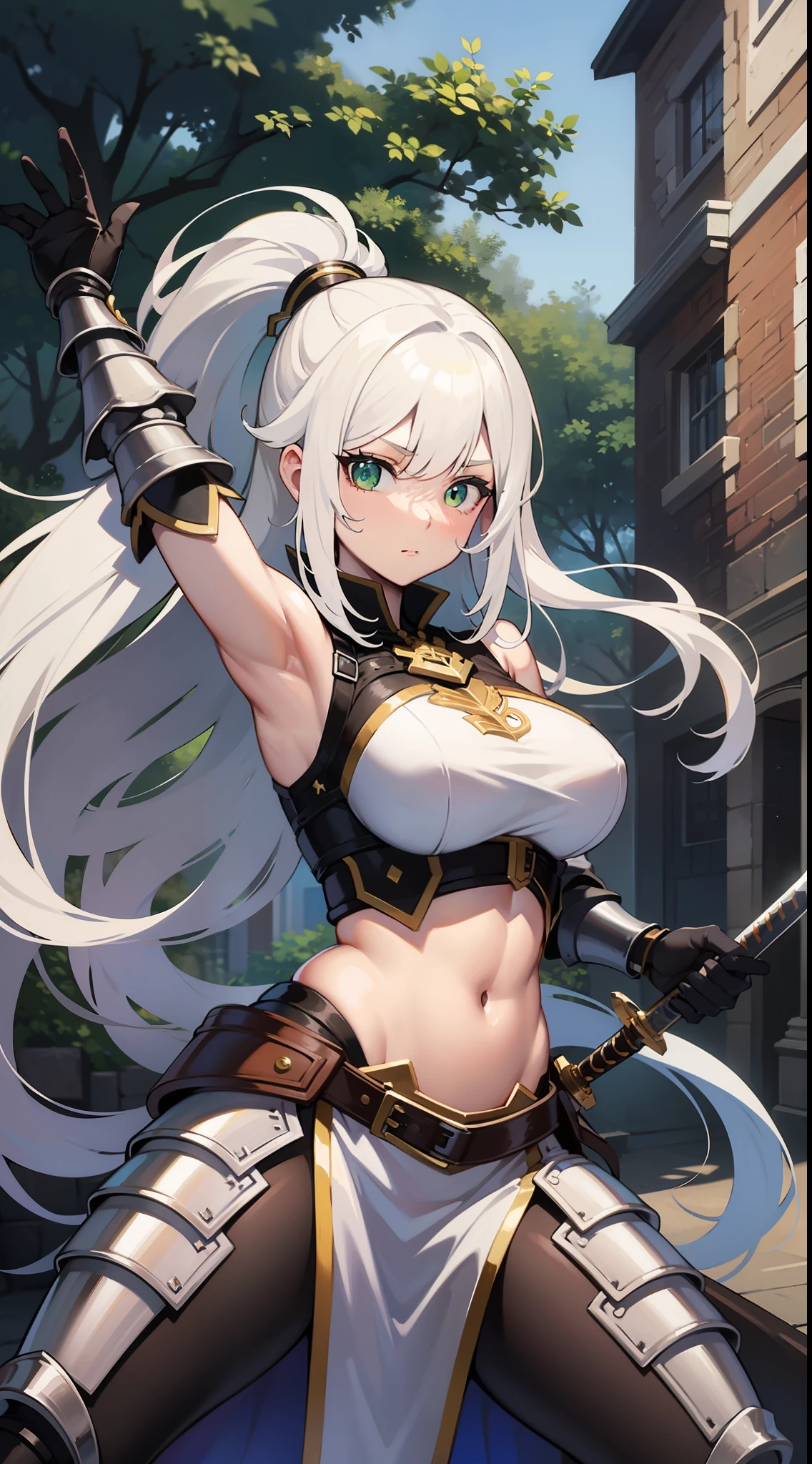 Tall girl, Long white hair, Green eyes, knight armor, Sleeveless, open belly, high ponytail, Sword and Shield, combat stance, Masterpiece, hiquality