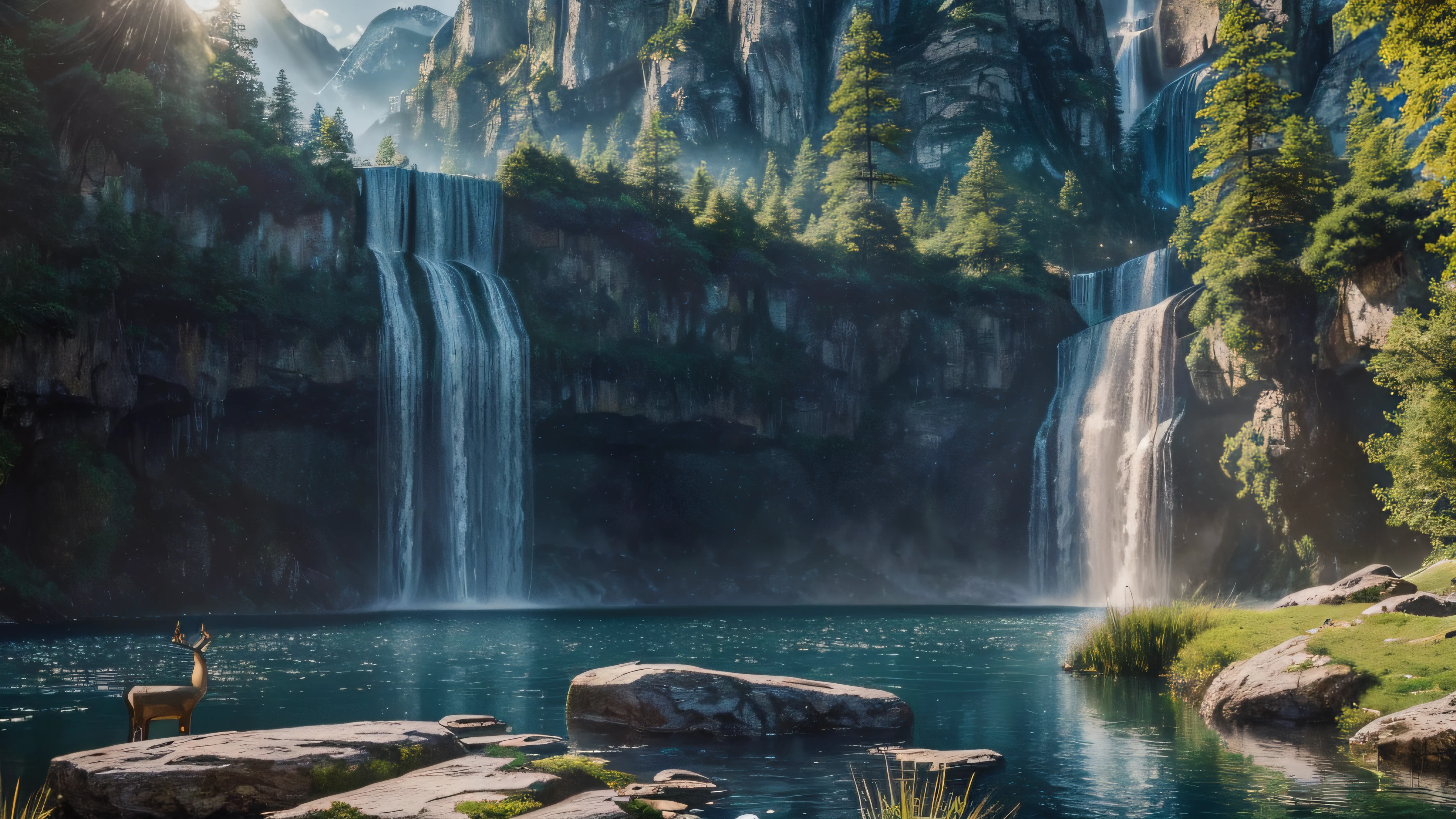 (extremely detailed CG unity 8k wallpaper, masterpiece, best quality, ultra-detailed), (best illumination, best shadow, an extremely delicate and beautiful), (realistic photo), (majestic waterfall flowing down a lake, The star deer is drinking water by the lakeside), (dramatic lighting), (beautiful sunny day), (peaceful and relaxing atmosphere)