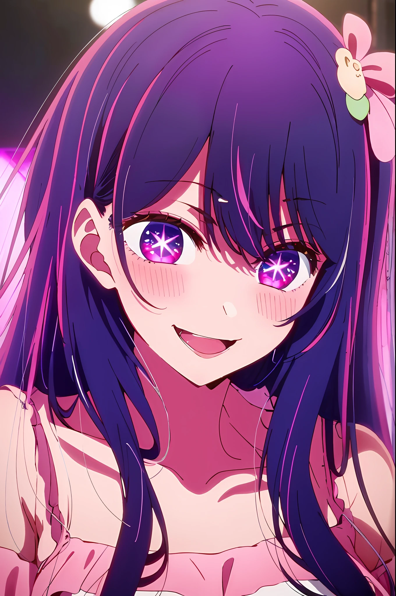 ​masterpiece、ighly detailed、(1 girl in:1.2)、purple color  hair、pink  dress、big eye、a closeup、a smile、8K 、Ai Hoshino、Live performance venue