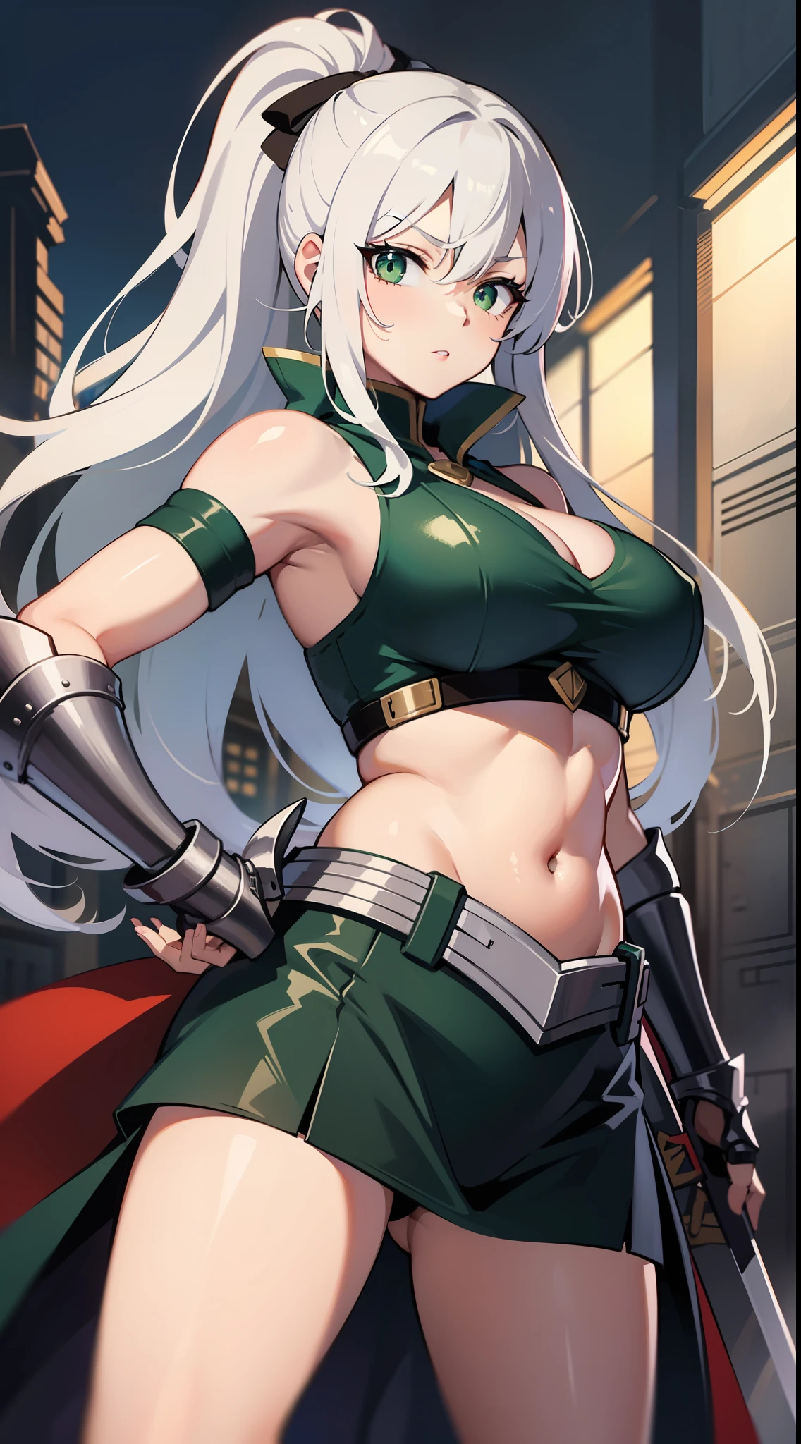 Tall girl, Long white hair, Green eyes, knight armor, Sleeveless, open belly, high ponytail, Sword and Shield, combat stance, Masterpiece, hiquality