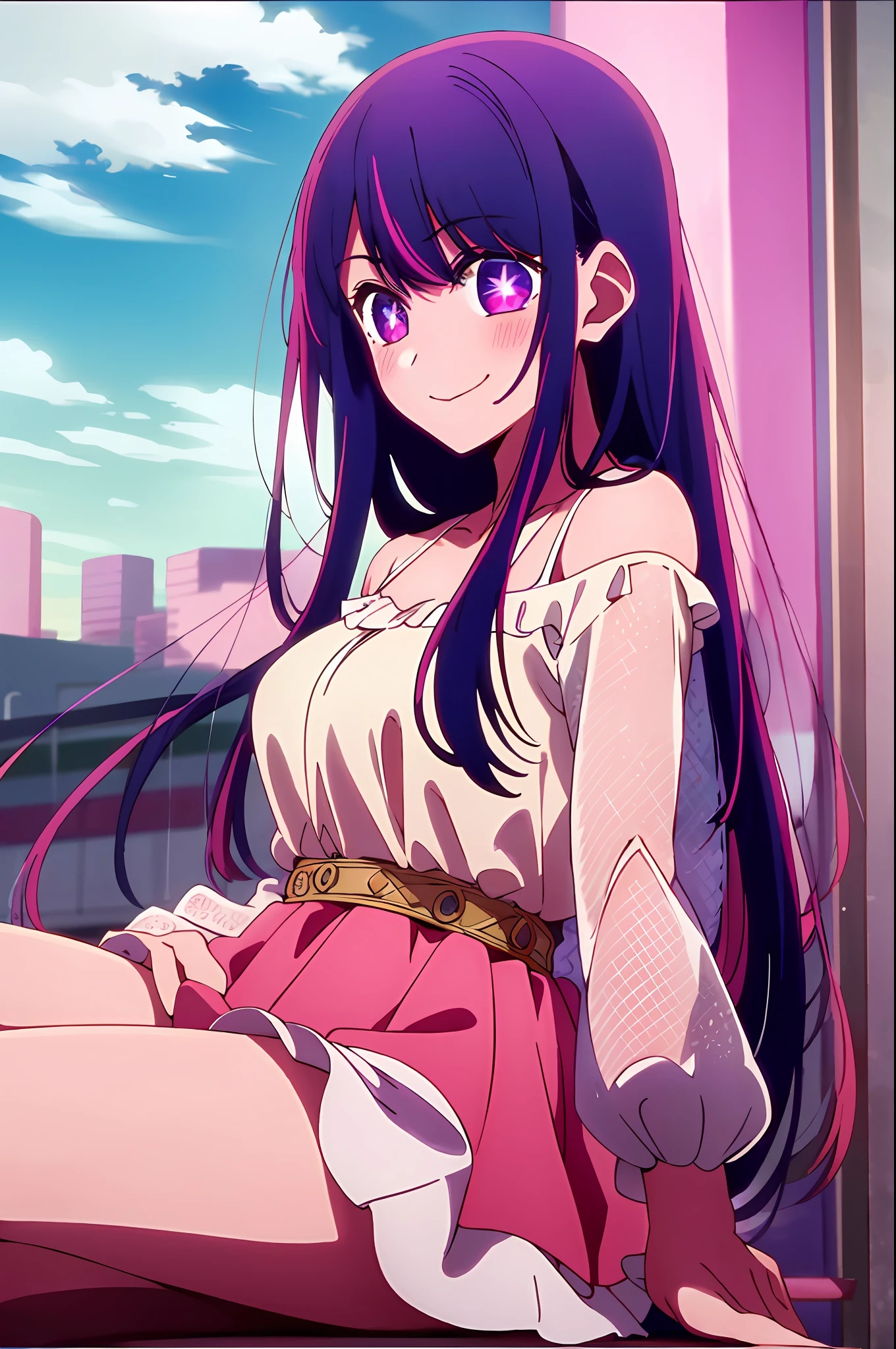 ​masterpiece、ighly detailed、(1 girl in:1.2)、purple color  hair、pink  dress、big eye、a closeup、a smile、8K 、Ai Hoshino、Live performance venue