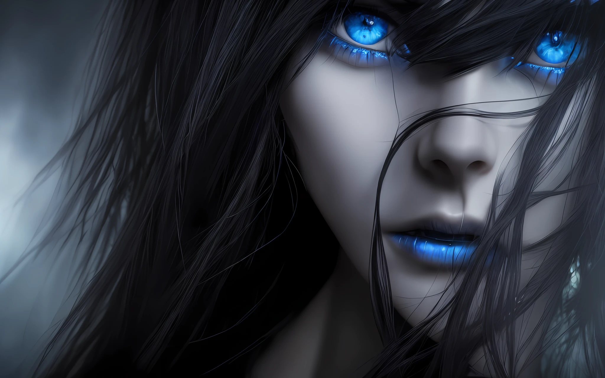 complex 3D rendering, Super detailed beautiful face, Woman with blue eyes and black hair, Girl with white eyes, cute face. Dark Fantasy, gothic girl face, with haunted eyes and dark hair, dark piercing eyes, The queen is ready for darkness with blue eyes, with blue eyes, black and blue eyes, gothic face, with long hair and piercing eyes, Black intense eyes, with black eyes