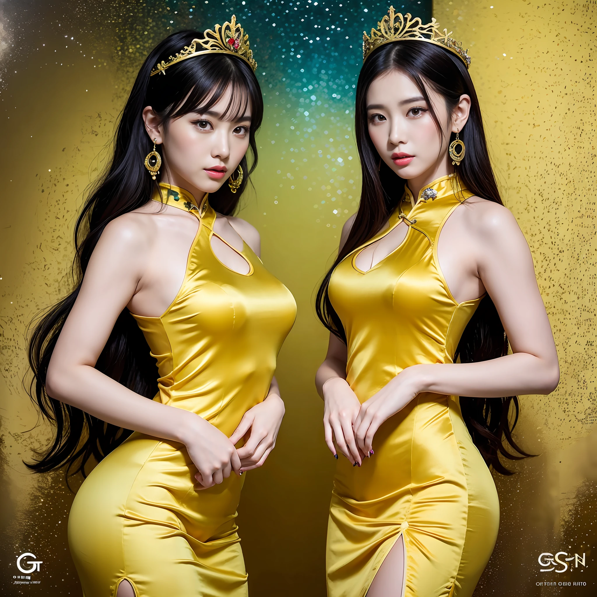 Two Asian women in yellow sexy cheongsam posing for photo, a beautiful fantasy empress, queen and ruler of the universe, Trending on CGSTATION, wlop and sakimichan, trending at cgstation, ((a beautiful fantasy empress)), royal elegant pose, rendering of beauty pageant, two models in the frame, goddess queen
