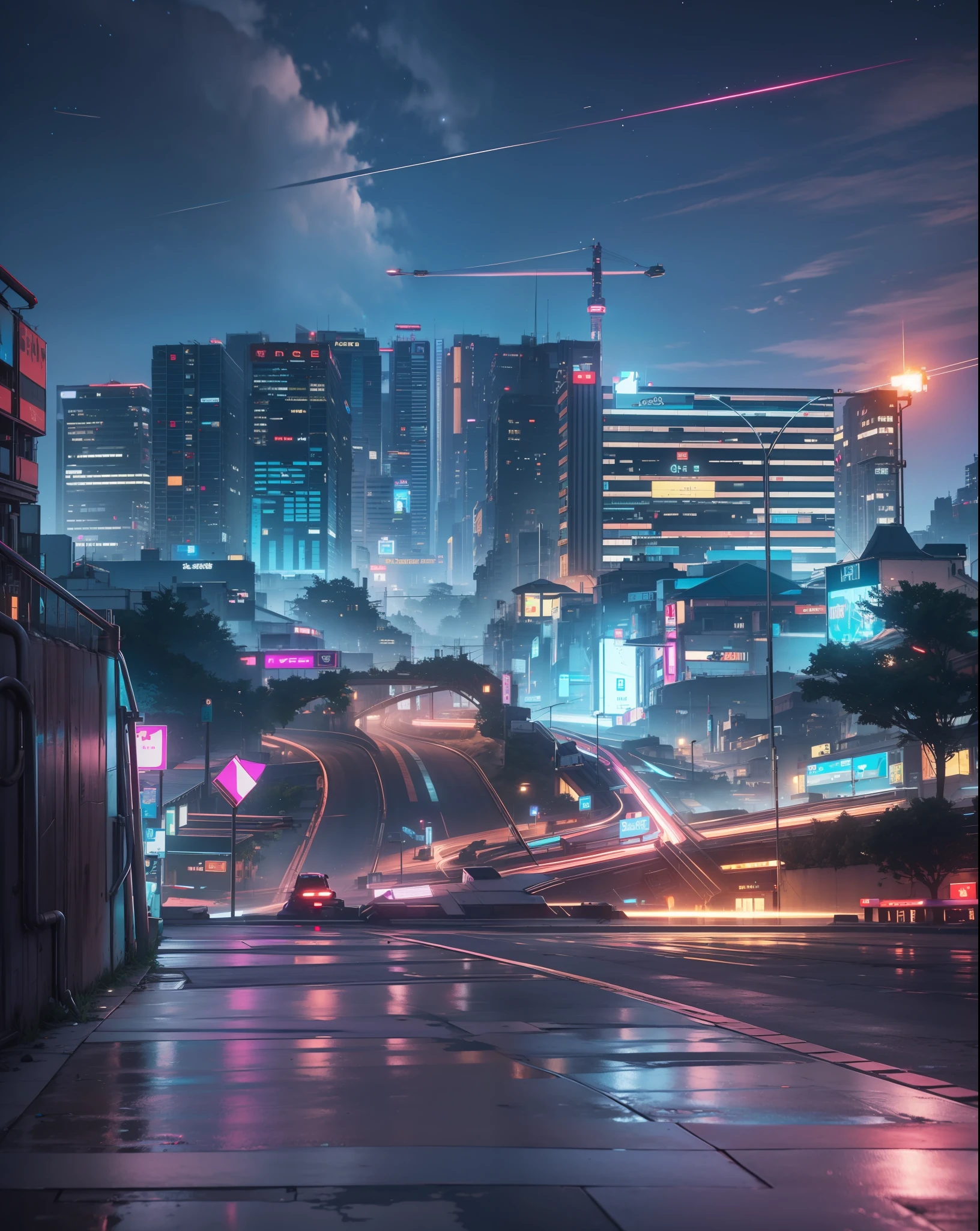 a city cyberpunk, UHD, ultra detailed, violet perple cinematic, highres, Anti Aliasing, FKAA, TXAA, RTX, SSAO, 8k quality, unreal engine 5, full of star in the sky