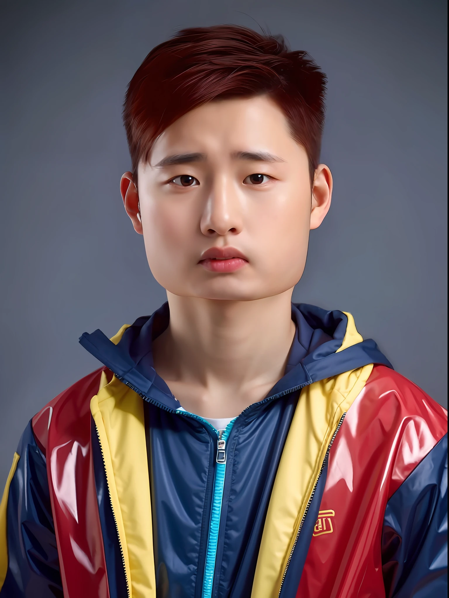 Chinese male high school student，Wearing PVC light blue tracksuit