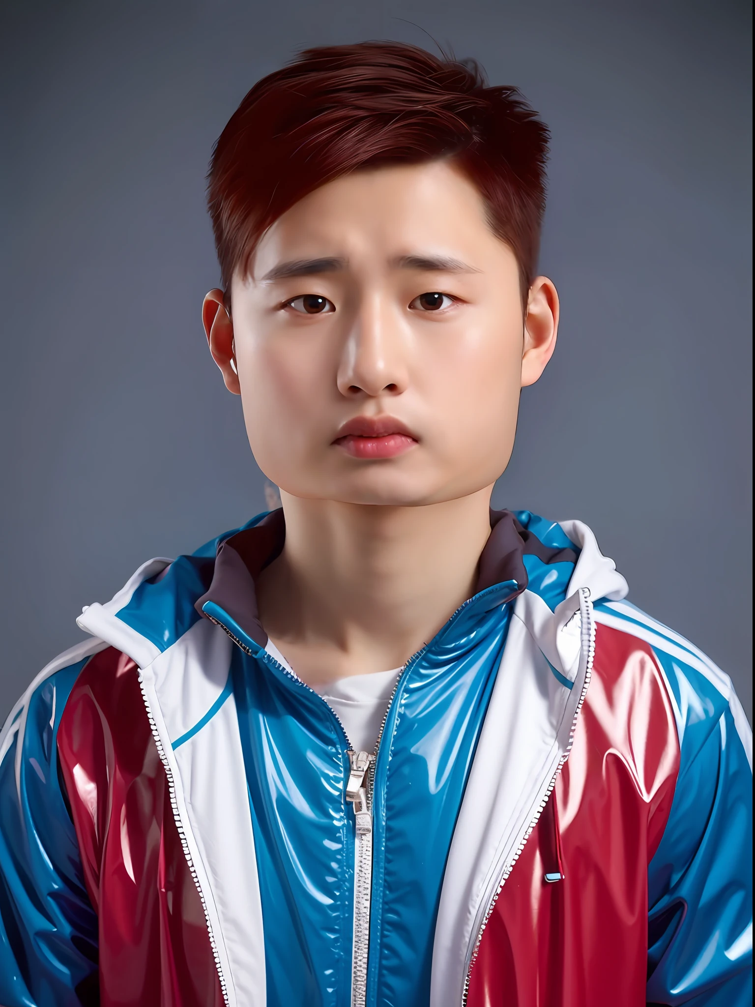 Chinese male high school student,Wearing PVC light blue tracksuit