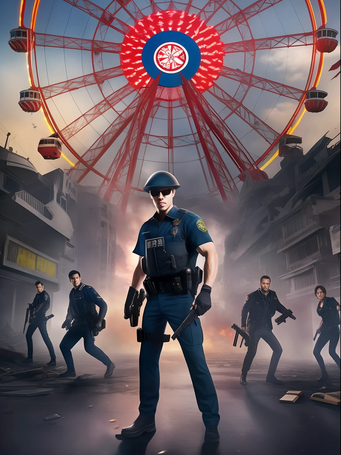 (masterwork) Very high quality, Full body shot, Super detailed shooting, Resident Evil setting, Eastern male clergy, Medical staff and injured male police officers, The trio dodge zombies by the Ferris wheel of a destroyed Hong Kong amusement park, 32K resolution, Best quality, Dynamic pose, actionpose, Surreal and charming.