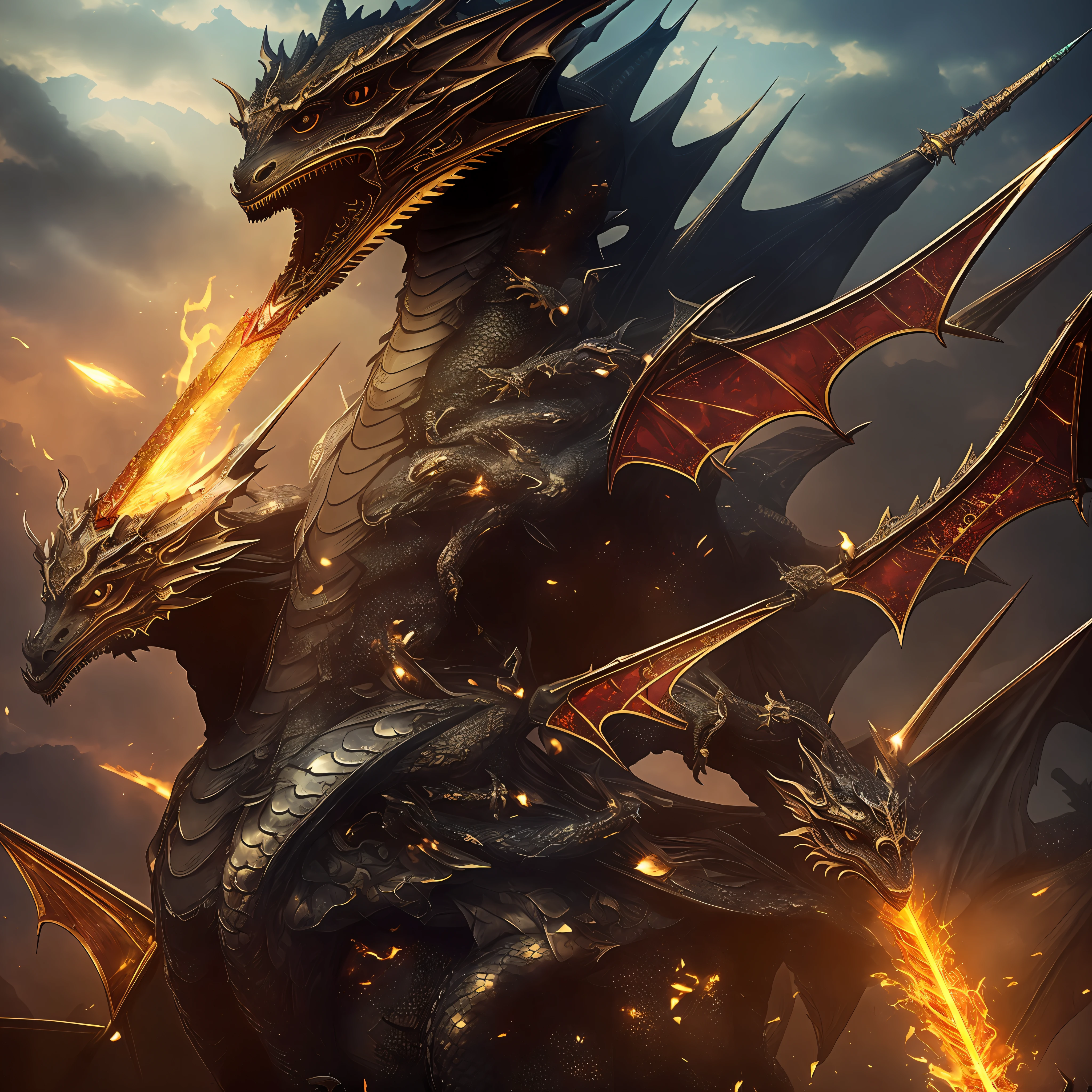 （the detail:1.4）, 3D combination of man and dragon, Human dragon tail, A girl in dragon scale armor, The armor has an intricate and delicate golden dragon pattern, The armor is tattered, The red panties underneath are exposed, ((Carrying a dragon lance on his back:1.5)), Off-the-shoulder fashion, Very complex dragon-patterned combat boots，Smooth and clean slender thighs，Combat boots on the knees，There are multiple breakages, dynamic movements, (The pitch-black dragon armor shone with a metallic sheen:1.3), Showing meticulous、A fusion of fine punk steam and baroque lolita, Countless meteorites fell from the sky, Intricate dragon pattern headdress, Fluttering lace flared miniskirt, Breasts are full and straight, The dragon crystal shining with blue light was embedded in the chest, Attached to the armor, Clean long blue hair, long vertical curly, Burning ruins background, There are tear tracks on the face，Crying dry, The wound on the upper arm is bleeding, This big fireball is flying all over the sky, There is a dragon-shaped flame rune on the forehead, art-deco, hyper HD, hdr（HighDynamicRange）, A high resolution, cinmatic lighting, (long eyelasher), (Golden snake pupils), There was still blood on the gun, Rococo style, Depth of field, Depth of field, Ray tracing, Motion blur, surrealism, Textured skin, Masterpiece, High details, High quality, Best quality, 16k --auto