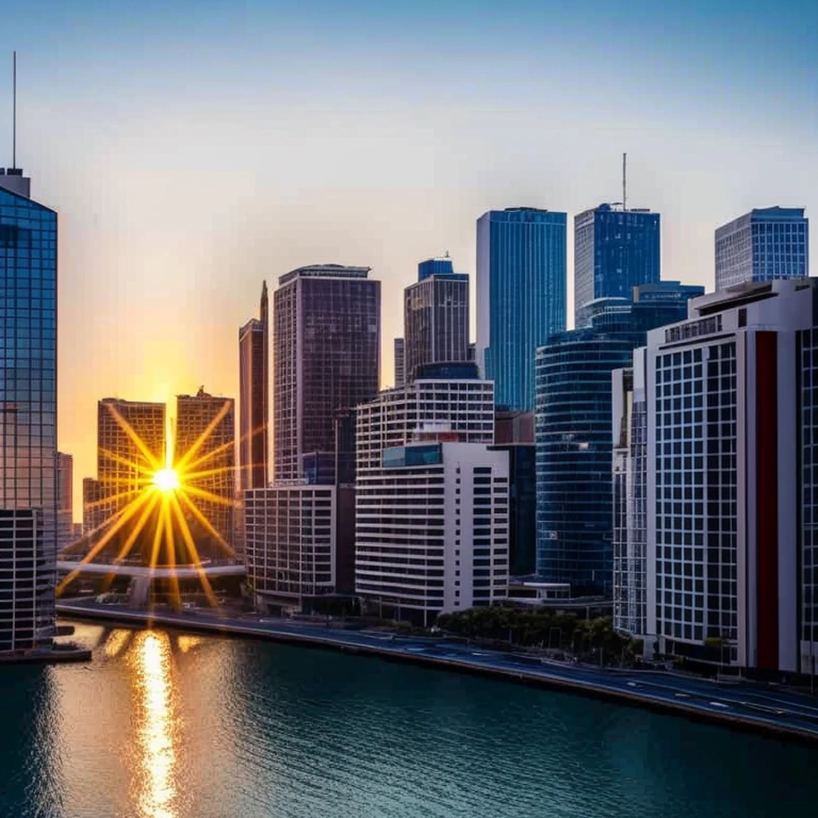 Photographic works，City sunset，The sun skimmed by the building，The contrast is slightly stronger --auto