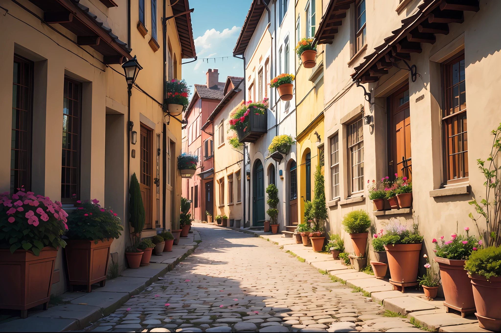 "Cozy Vibes - A charming cobblestone street adorned with vibrant flowers."