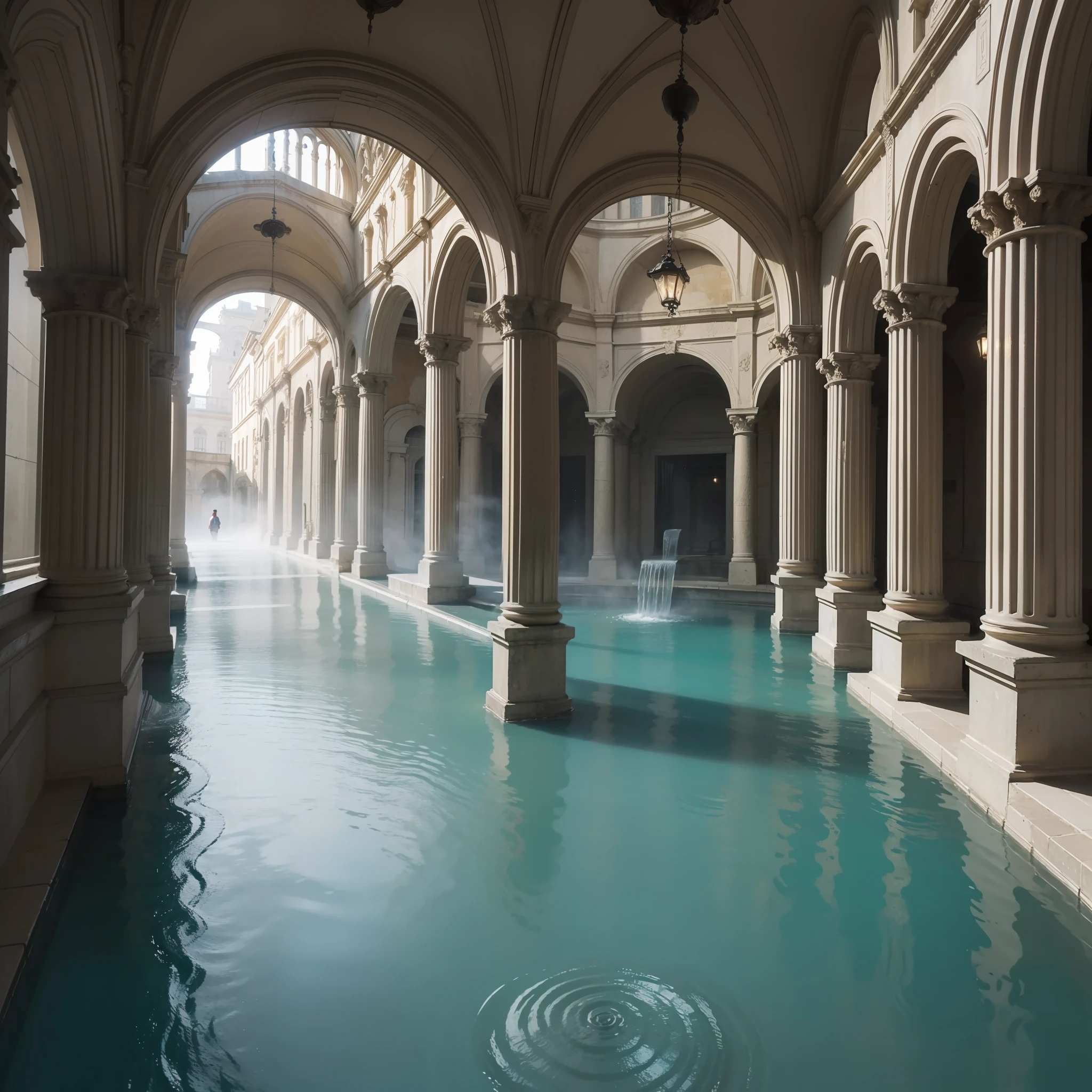 The endless Roman Baths，The scene is empty，Threshold space，Water mist