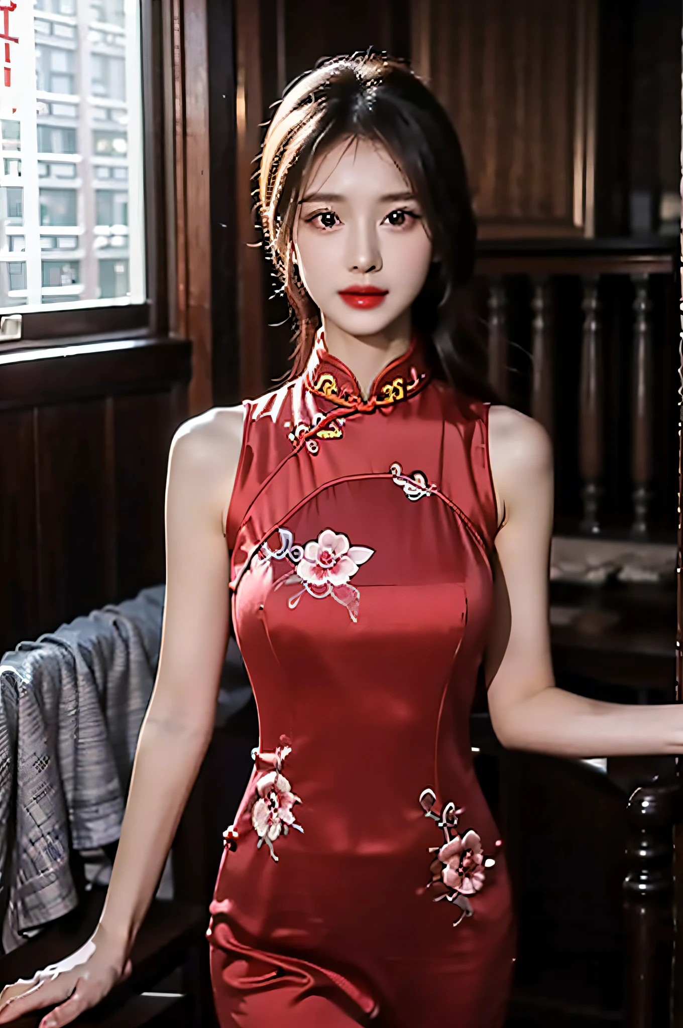 （Hyperrealistic,）4K,35mm，hyper-high detail, Professional lighting, Best quality, Ultra-high resolution, Visually stunning, (1girll:1.3), National style （on cheongsam）,realskin,（Perfect body 1.3）Ultra-delicate face。