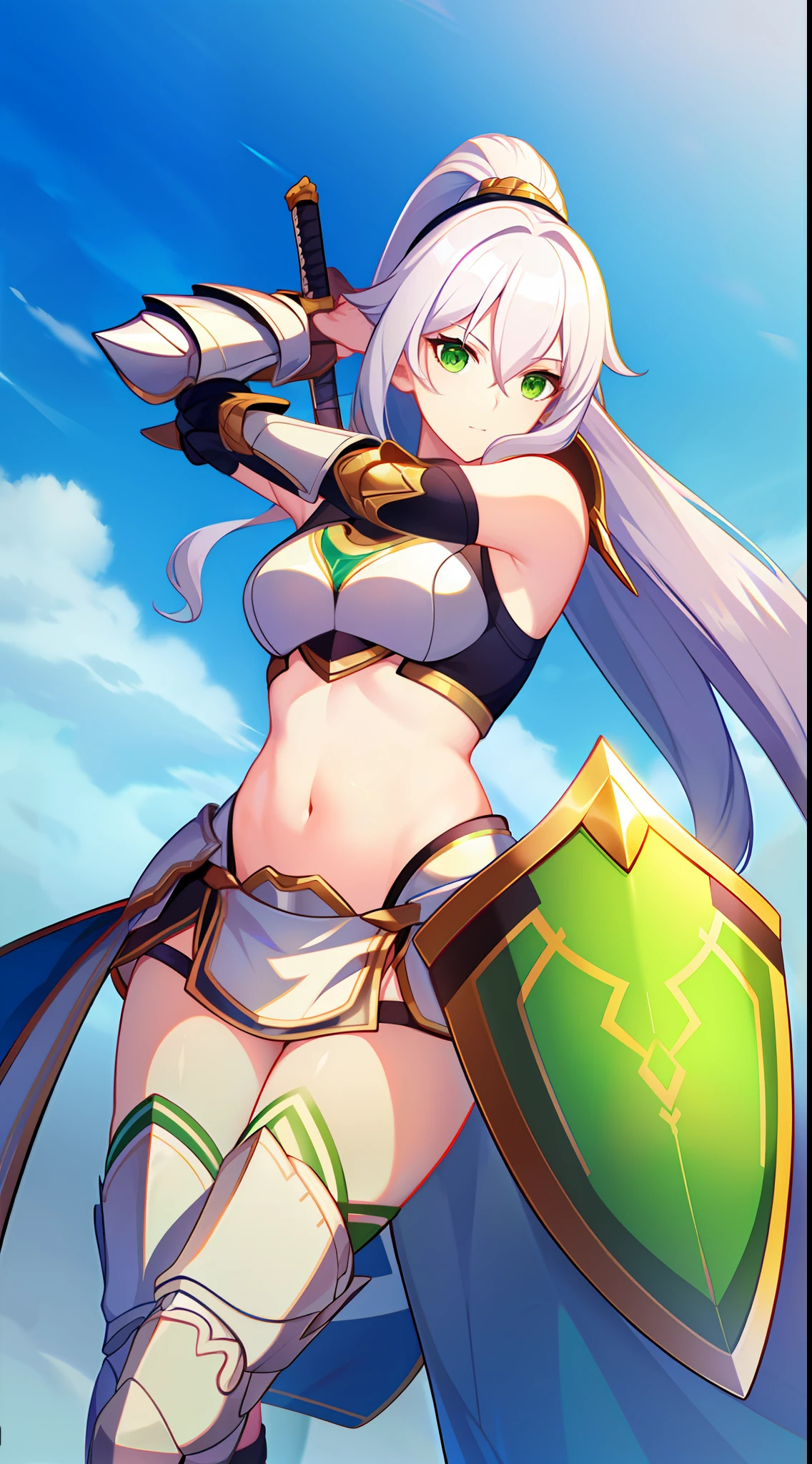 Tall girl, Long white hair, Green eyes, high ponytail, knight armor, Sleeveless, open belly, Sword and Shield, combat stance, Masterpiece, hiquality