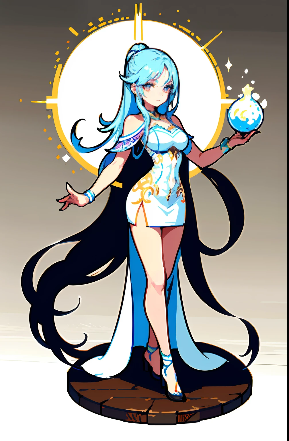 offcial art，品质最佳，finedetail，close-up all over the body，A beautiful white girl，Costumes for fantasy worlds,wearing a white skirt，Long white hair shawl，hair flowing，Very long ponytail，Manners are elegant，With a faint sad expression on his face，Floating in the air，Perfect figure。