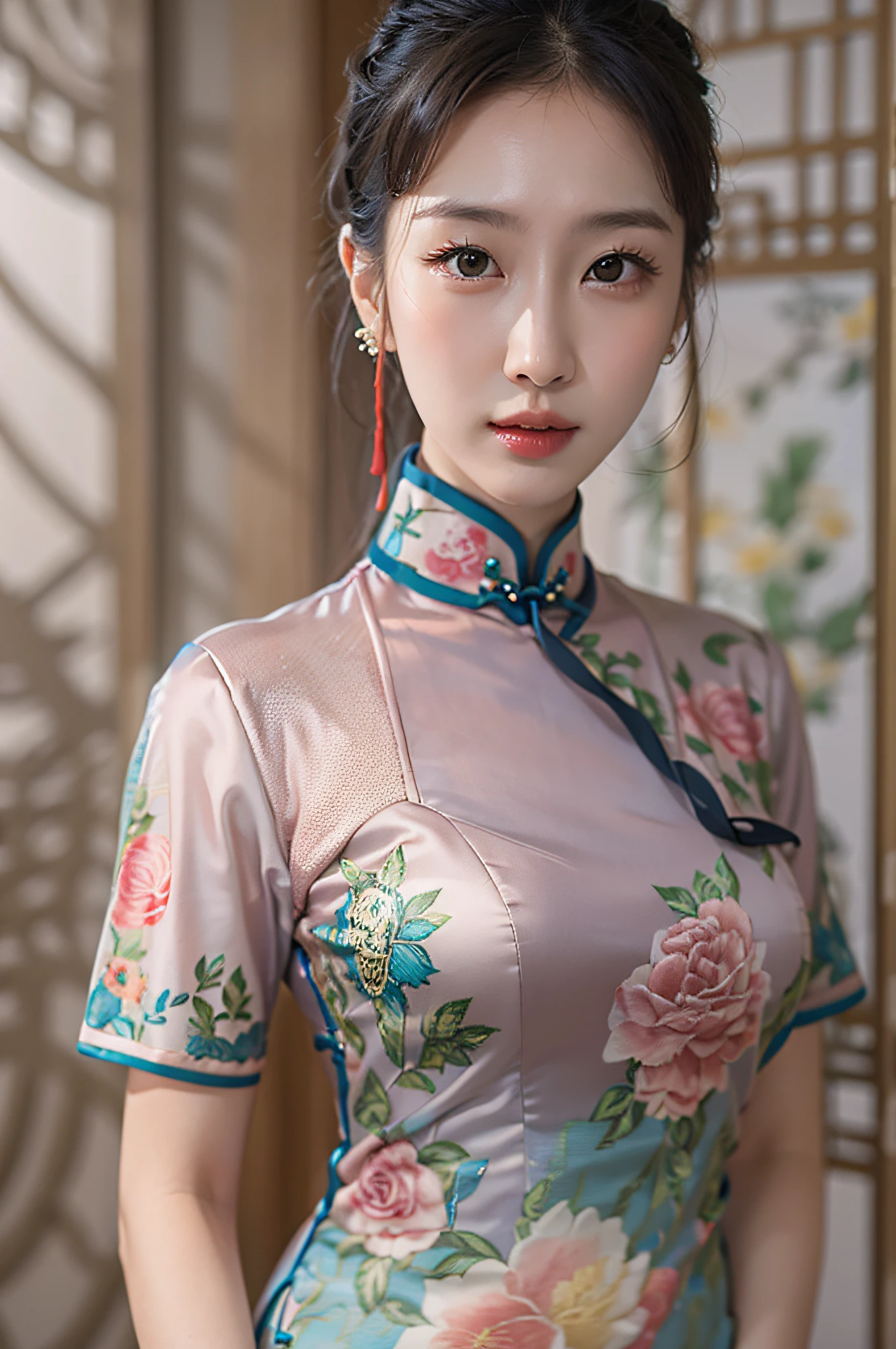 （Hyperrealistic,）4K,35mm，hyper-high detail, Professional lighting, Best quality, Ultra-high resolution, Visually stunning, (1girll:1.3), National style （on cheongsam）,realskin,（Perfect body 1.3）Ultra-delicate face。