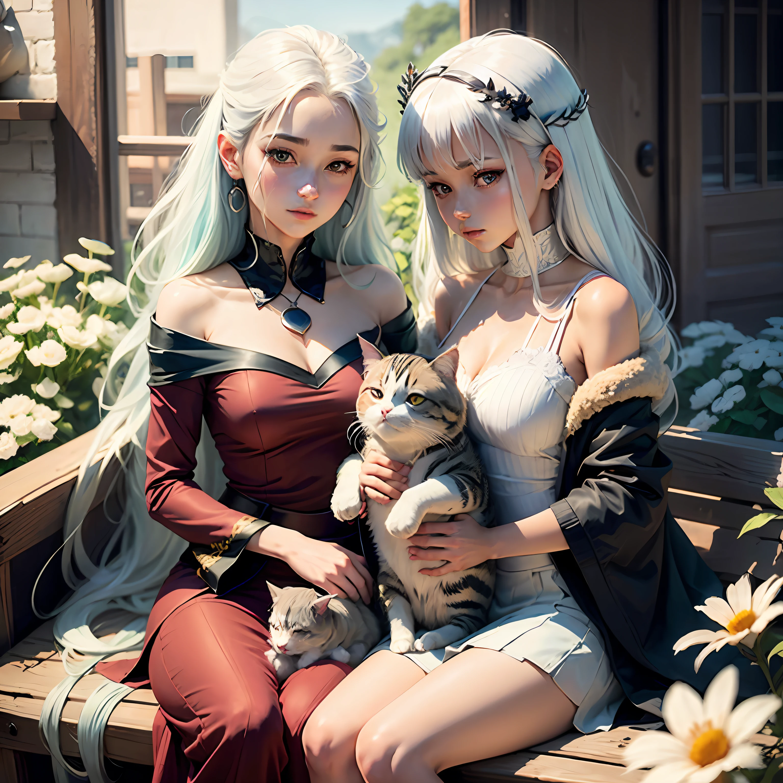 Anime girl with blue hair holding a cat,catss,Small white hairs, Girl with white hair, Perfect white haired girl, white haired lady, white haired Cangcang, white-haired god, With flowers, a beautiful anime portrait, White-haired, silber hair, with long white hair, Anime style portrait, Silver hair girl, anime visual of a cute girl, ”beautiful anime woman --auto