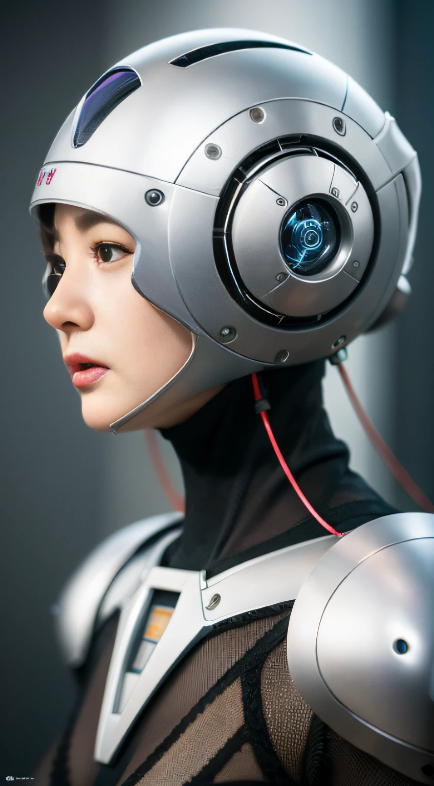 Intricate 3d rendering of highly detailed beautiful ceramic silhouette female robot face, robot, robot part, 150 mm, beautiful studio soft light, rim light, vibrant details, luxurious cyberpunk, lace, surreal, anatomy, facial muscles, cables wires, microchip, elegant, beautiful background, octane rendering, HR Giger style, 8k, best quality, masterpiece, illustration, very delicate and beautiful, very detailed, CG, unity, wallpaper , (fidelity, fidelity: 1.37), amazing, fine detail, masterpiece, best quality, official art, very detailed cg unity 8k wallpaper, absurd, unbelievably absurd, robot, silver helmet, full body
