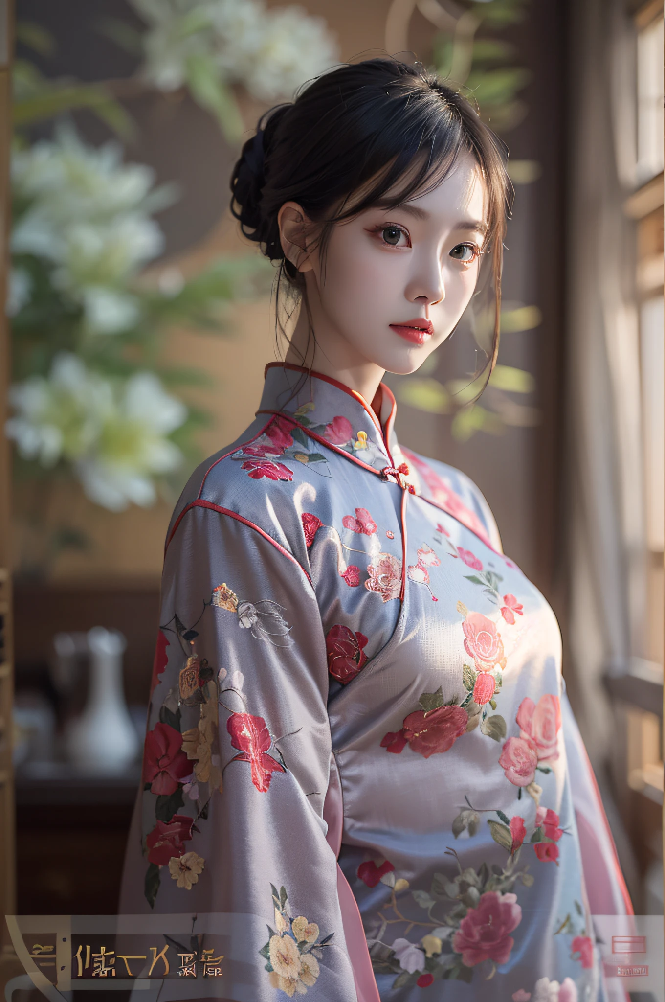 （Hyperrealistic,）4K,35mm，hyper-high detail, Professional lighting, Best quality, Ultra-high resolution, Visually stunning, (1girll:1.3), National style （on cheongsam）,realskin,（Perfect body 1.3）Ultra-delicate face。